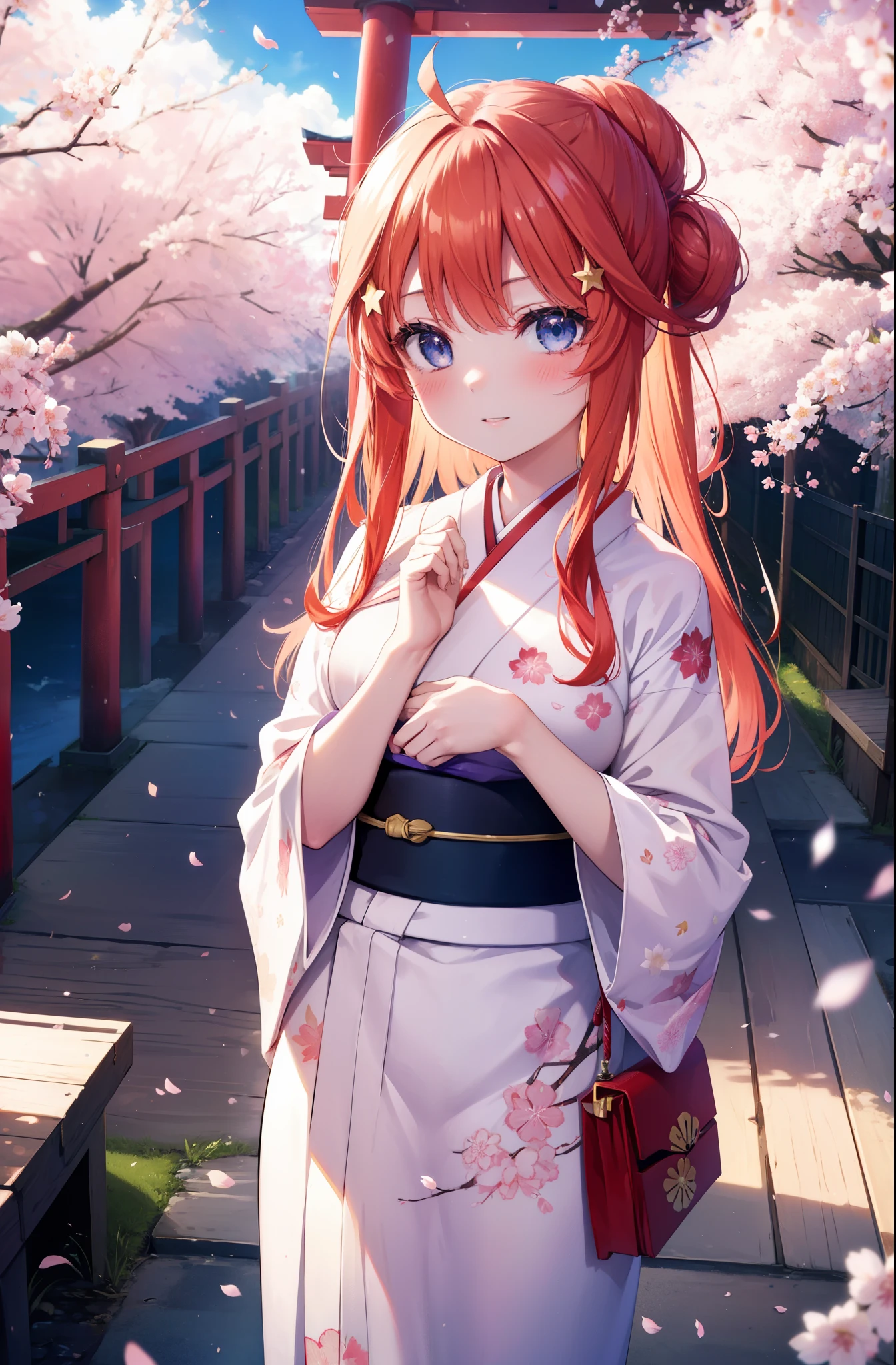 itsukinakano, Itsuki Nakano, bangs, blue eyes, hair between eyes, Ahoge,hair tied back,,long hair, redhead, star \(symbol\), hair ornaments, star hair ornaments,smile,blush,Gorgeous kimono with red floral pattern,white foot bag,Zori cherry blossoms are blooming,Cherry blossoms are scattered,Cherry blossom tree-lined path,put your hands on your stomach,
break outdoors, shrine,torii,
break (masterpiece:1.2), highest quality, High resolution, unity 8k wallpaper, (figure:0.8), (detailed and beautiful eyes:1.6), highly detailed face, perfect lighting, Very detailed CG, (perfect hands, perfect anatomy),