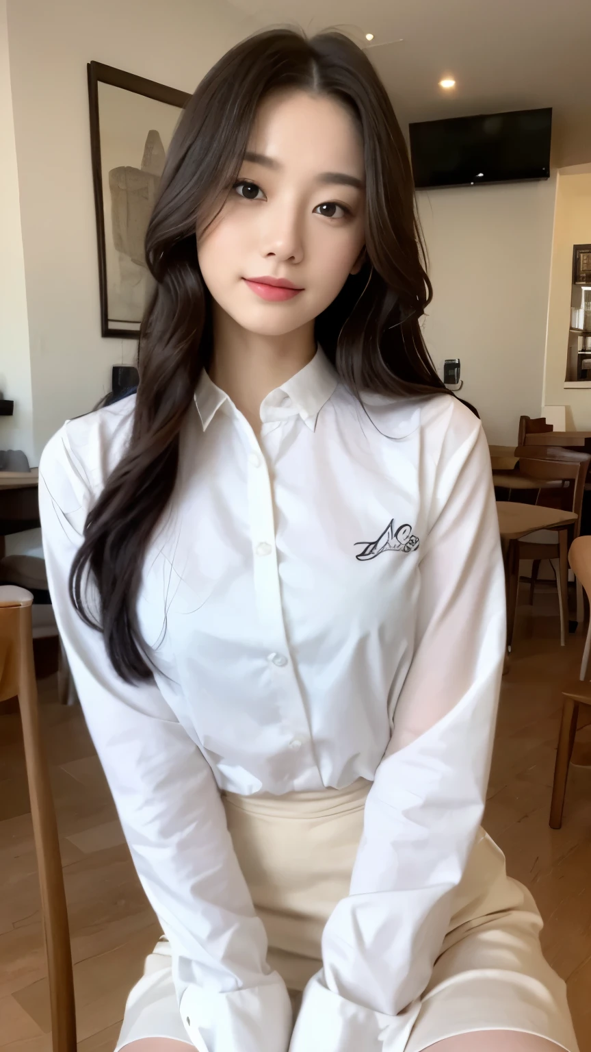 ((top-quality、8k、masterpiece:1.3))、Beautiful woman with perfect body:1.4、slim abdomen:1.2、Longhair, normal breast, Highly detailed facial and skin texture, A detailed eye, delicate eyes, double eyelid, (smile), (full body shot), ((cafe 1.2)), (sitting on chair), ((wearing white uniform)), looking in front