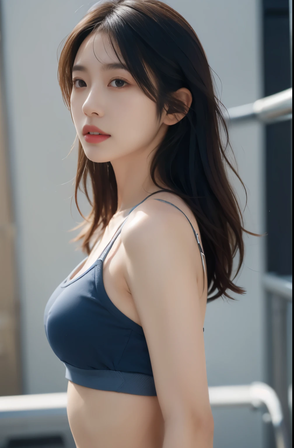 ((top-quality, masterpiece, extremely Realistic)), 1girl in, Facing the front, light brown hair, Short bob hair, dark blue sports bra, in 8K, 85 mm, Raw photo, Bokeh background, fitness gym, treadmill, barbell,half naked,lift her sport bra up to flash her tits