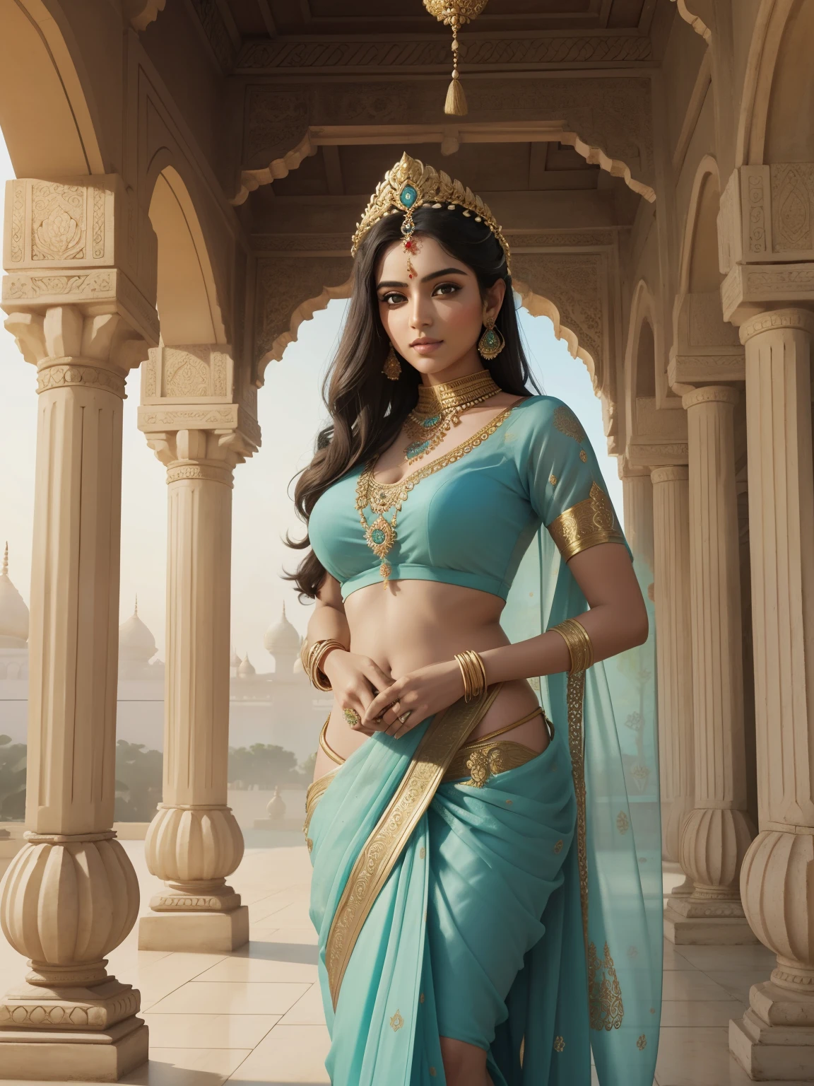 Vertical hyper-realistic, statuesque Indian princess holding a lotus flower inside a palace. Wearing a turquoise sari adorned with golden threads and traditional jewelry, the Princess smiles beautifully. The palace, painted white, features typical Indian architecture with intricate carved ornaments. Use soft lighting seeping through the pillars' crevices to highlight the princess's beauty and attire, as well as the details of the palace ornaments.