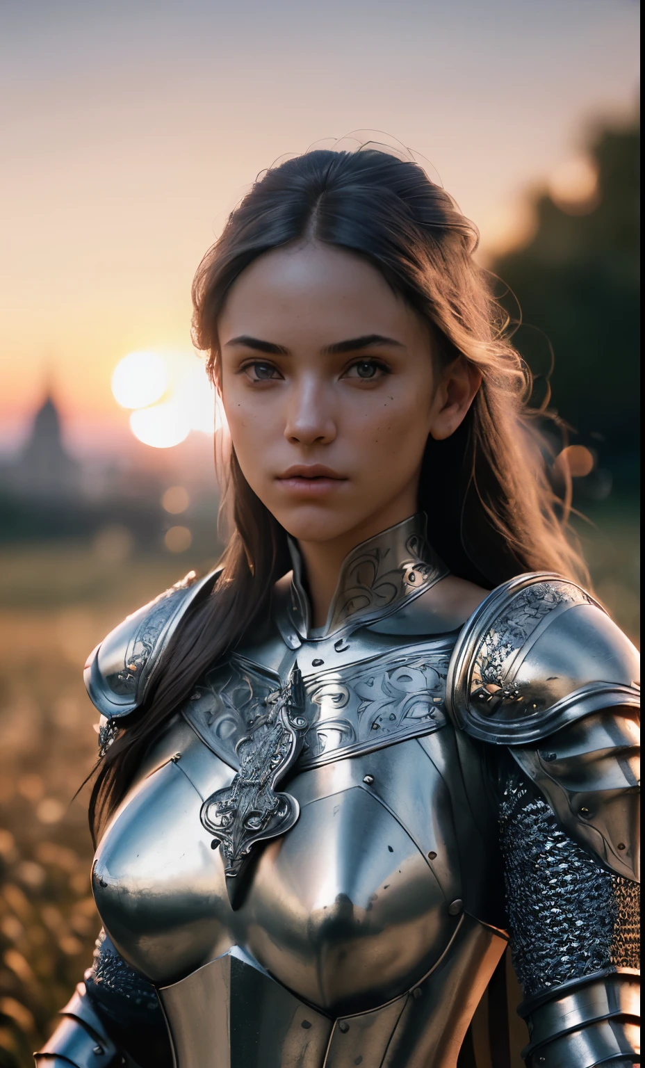 (masterpiece), (extremely intricate:1.3), (realistic), portrait of a girl, the most beautiful in the world, (medieval armor), metal reflections, upper body, outdoors, intense sunlight, far away castle, professional photograph of a stunning woman detailed, sharp focus, dramatic, award winning, cinematic lighting, octane render unreal engine, volumetrics dtx, (film grain, blurry background, blurry foreground, bokeh, depth of field, sunset, motion blur:1.3), chainmail