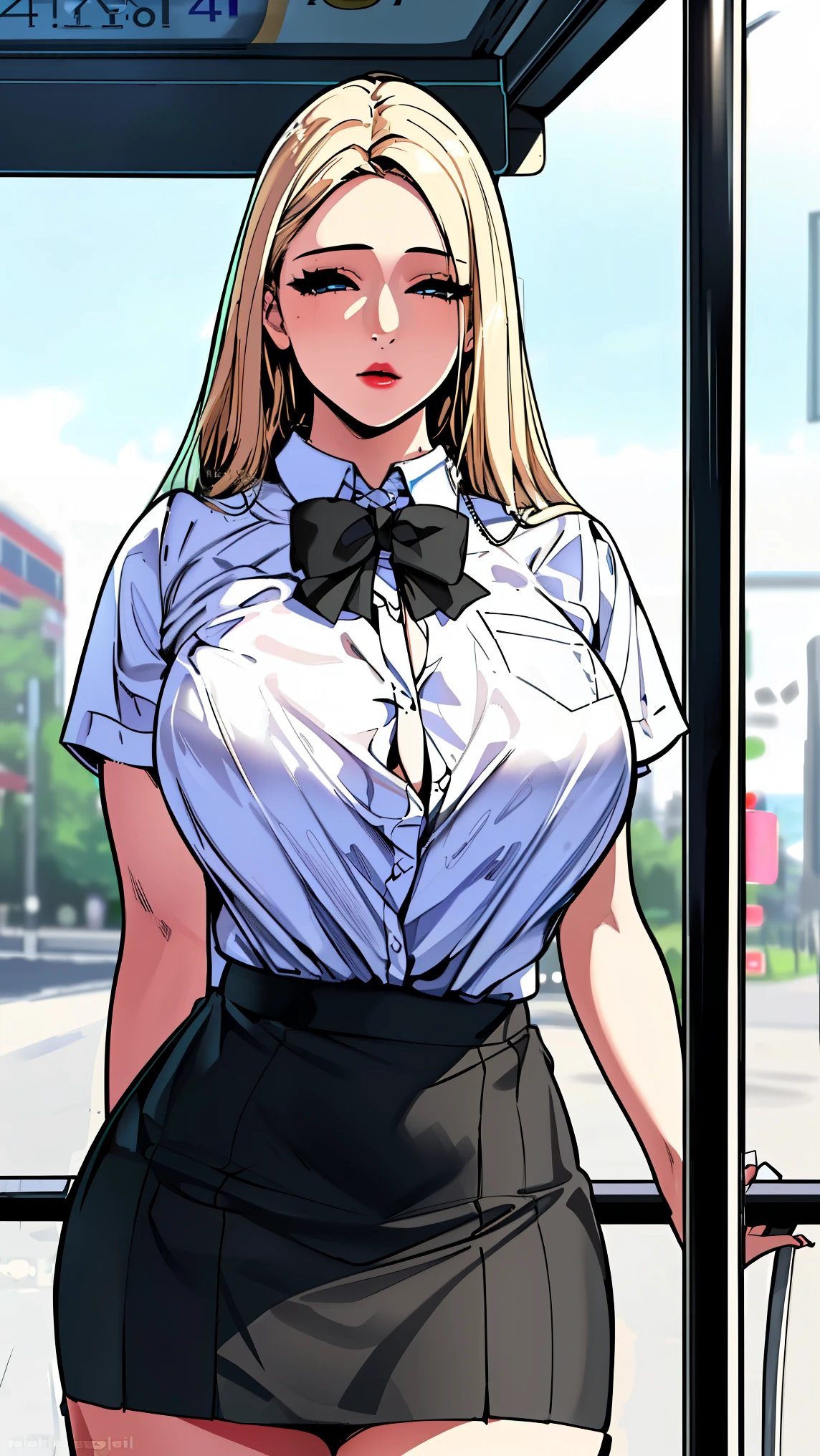 (best quality,4k,8k,highres,masterpiece:1.2),ultra-detailed,(realistic,photorealistic,photo-realistic:1.37),A girl in a bus stop,beautiful detailed eyes,beautiful detailed lips, narrow hips,white shirt, sexy school girl 