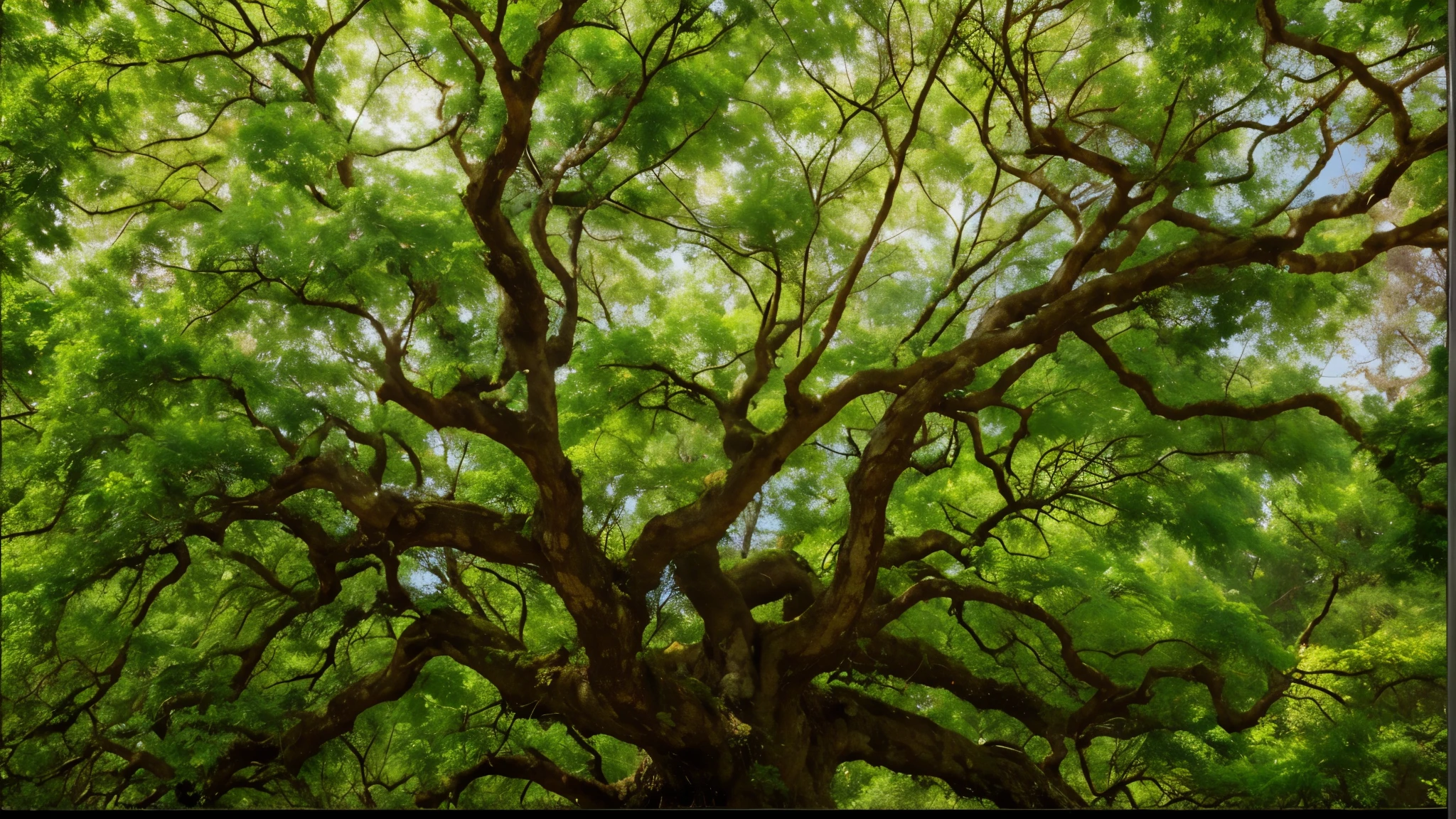 a close-up of a large tree with many green leaves, ramos intrincados, big green tree, The treetops of giant oaks, ramos sinuosos, ramification, com filiais! reaching for the sky, A beautiful tree, tree branches intertwine limbs, ramos pendentes, the life tree, breathtaking beautiful trees, breath - taking beautiful trees, rich tree