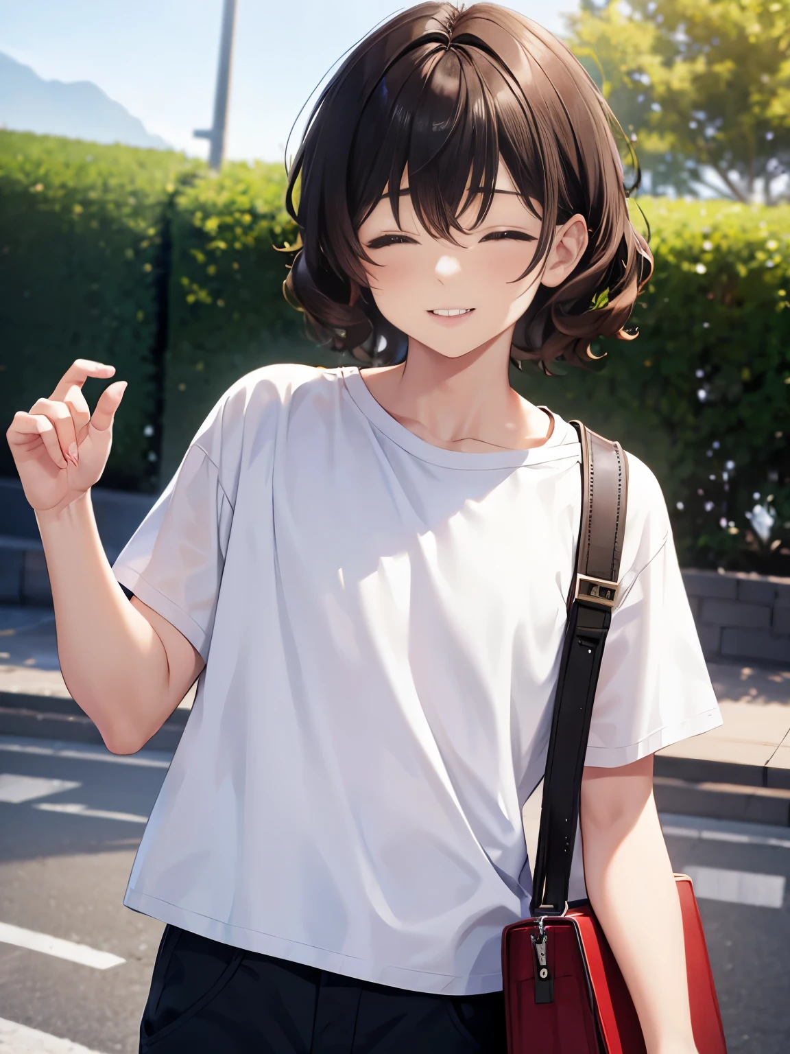 Residential Street,smile,Are standing,Put your hands behind your back,close your eyes,1 ,boyish.Two-block shorthair,Black Hair,blush,White T-shirt,Olive green shorts,Brown Sandals,White skin,summer,From below,Open your hands,shy,Sweat,Open your mouth,