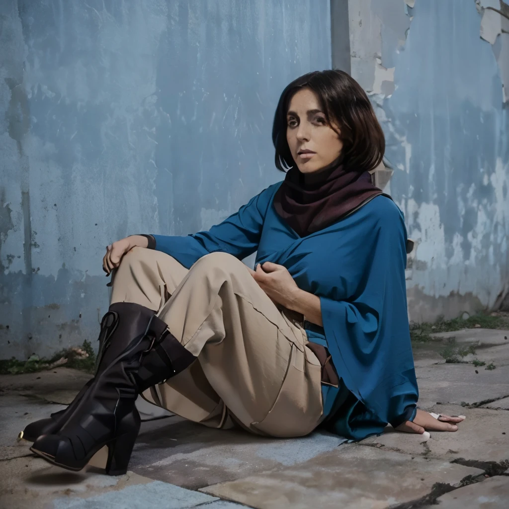 mujer alta, hermosa y esbelta, con el pelo y sus cejas de color celeste y los ojos azules con ropa de un general con mangas largas, a blue scarf around the neck and high-heeled boots.