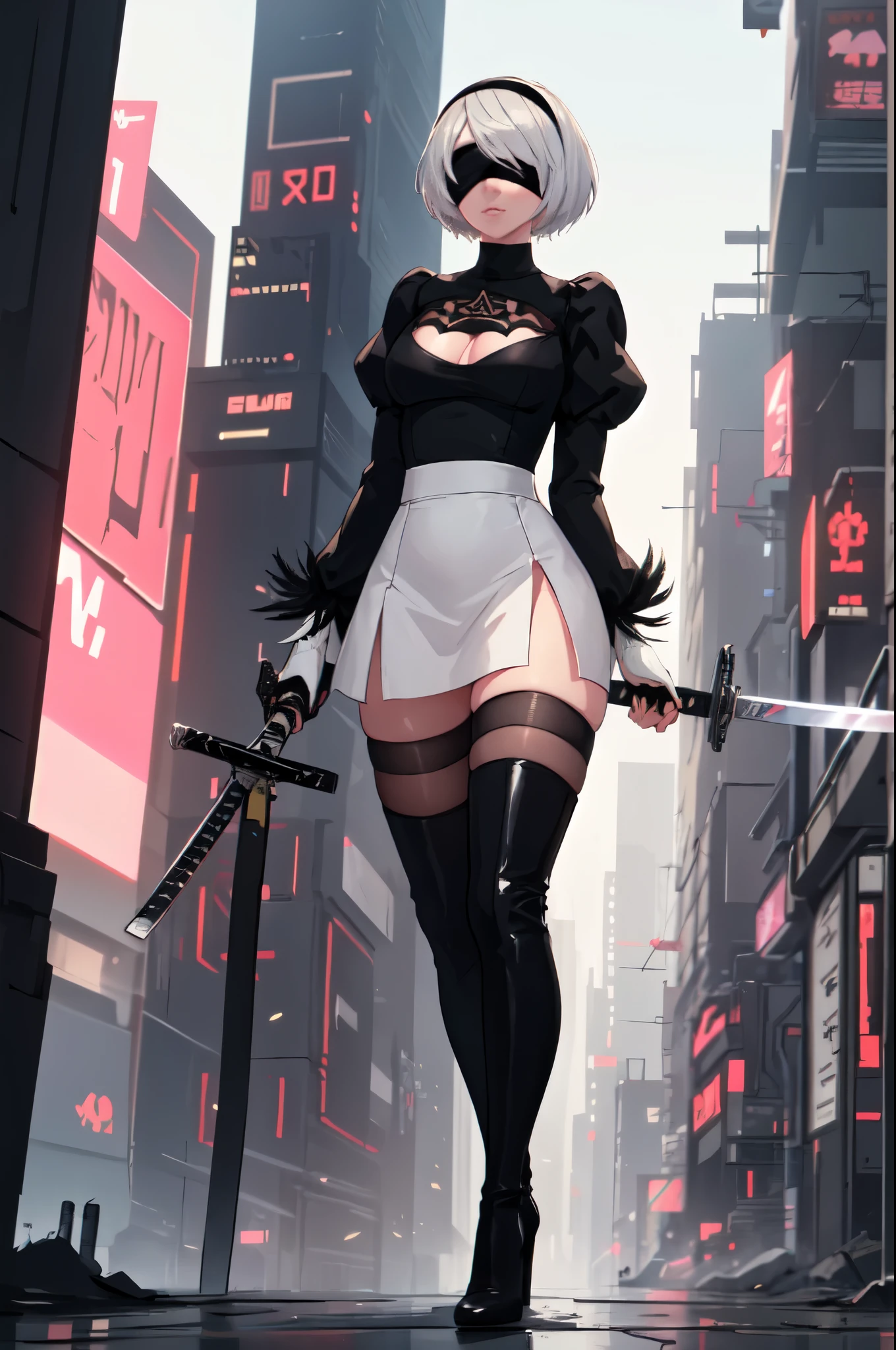 2b,(black blindfold:1.5),black hairband,blindfold,hairband,short hair,white hair,
robot,cleavage cutout,clothing cutout,long sleeves,black skirt,side slit,black thighhighs,thigh boots,high heels,
katana,holding weapon,unsheathing,SHEATH,HOLDING SHEATH,
(cyberpunk),wasteland,volume lighting,