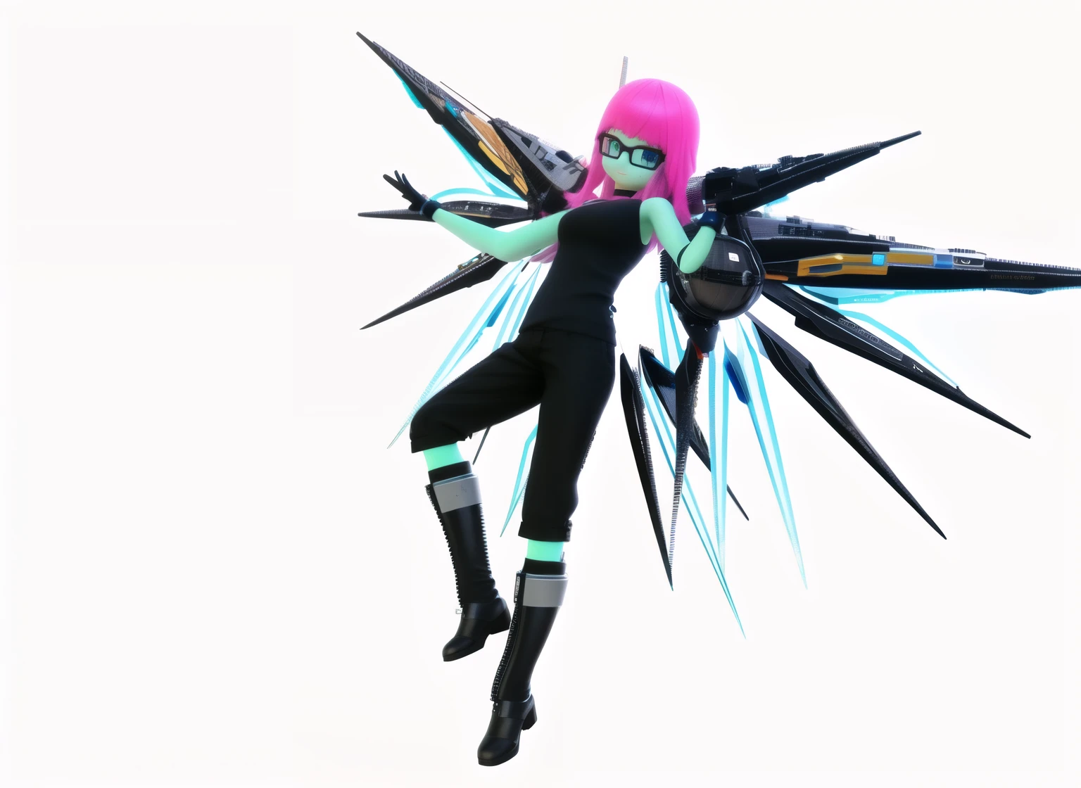 hay una mujer vestida de negro y azul con cabello rosado, epic 3d abstract emo girl, chica punk, render of a cute chica anime 3d, anime estilo 3d, chica entrenadora de insectos, beautiful cyborg angel girl, Anime volador Esper, chica anime 3d, cosmic horror entity with wings, psychokinetic girl, futuristic robot angel