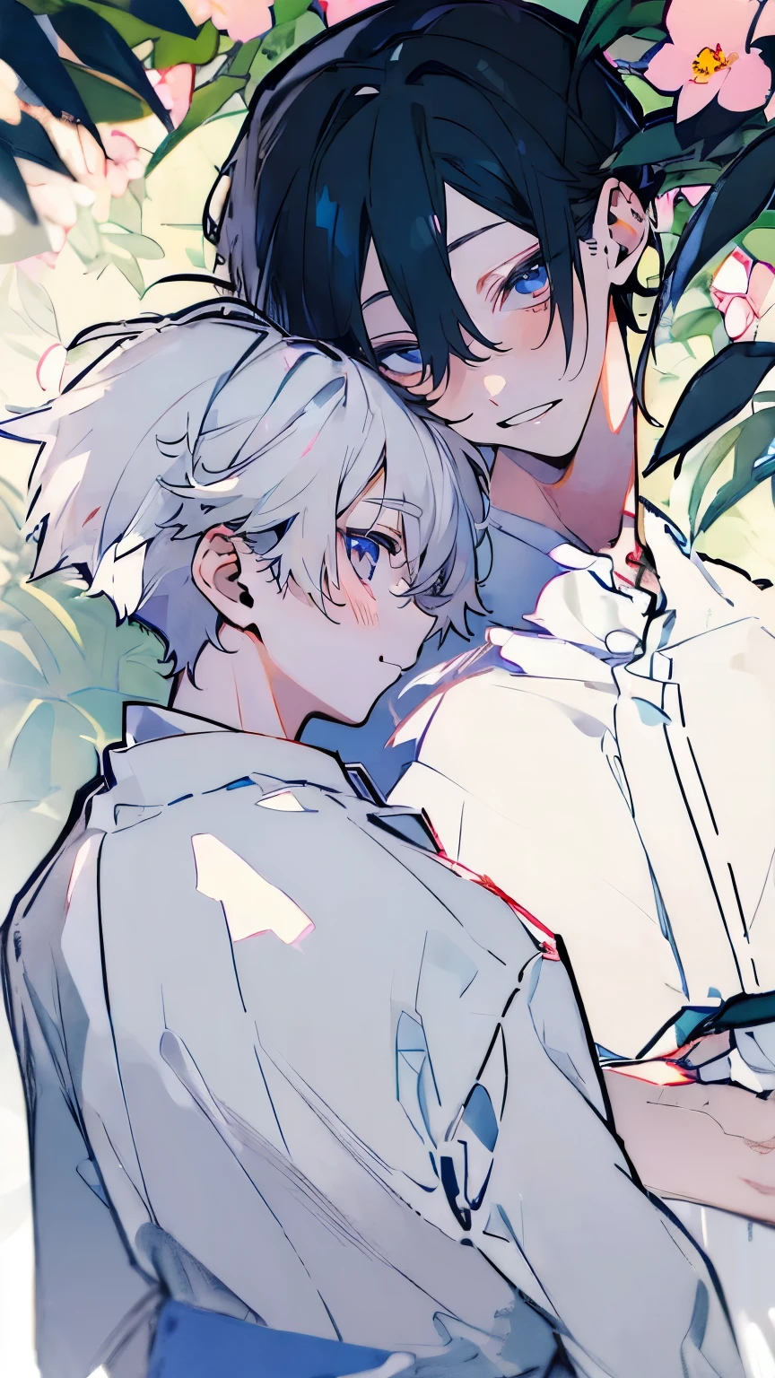 very detailed, ((two friendly boys:1.5)), perfect face, beautiful face, very detailed顔，(black haired boy:1.3)，(white haired boy:1.3)，Ruffled shirt，smile，flower