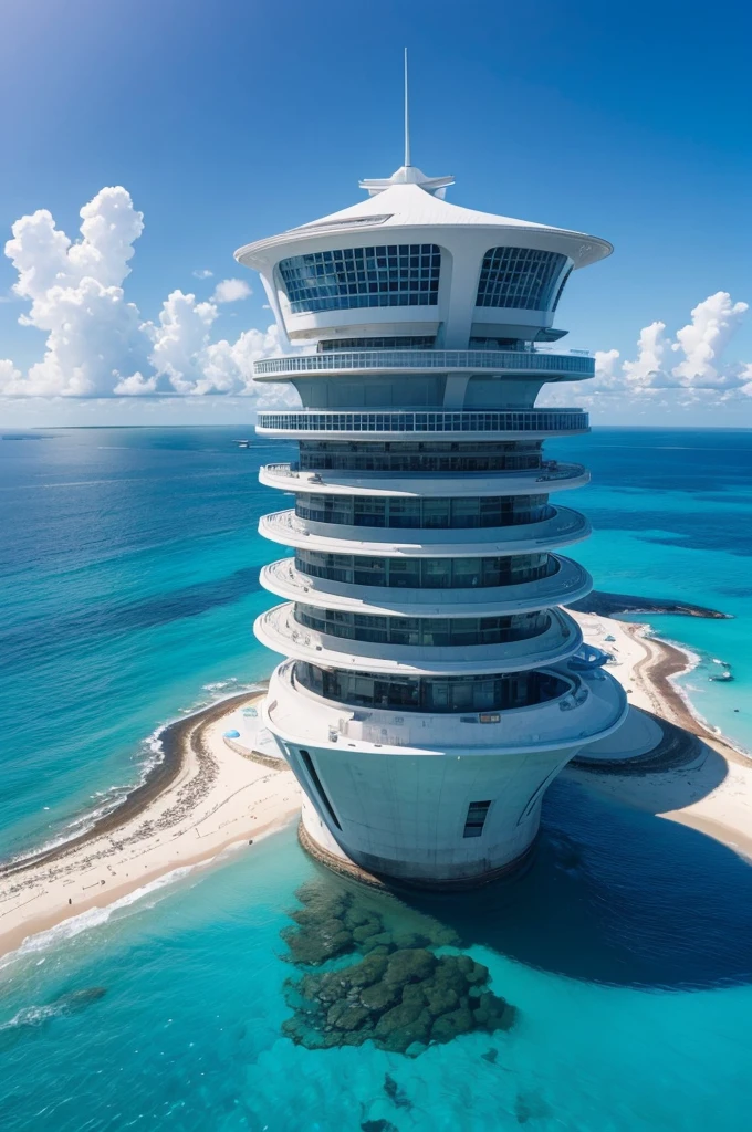 There is a futuristic building in the center of the clear blue sky and clear sea.。Create a digital matte painting of the ocean that sets sci-fi movies。