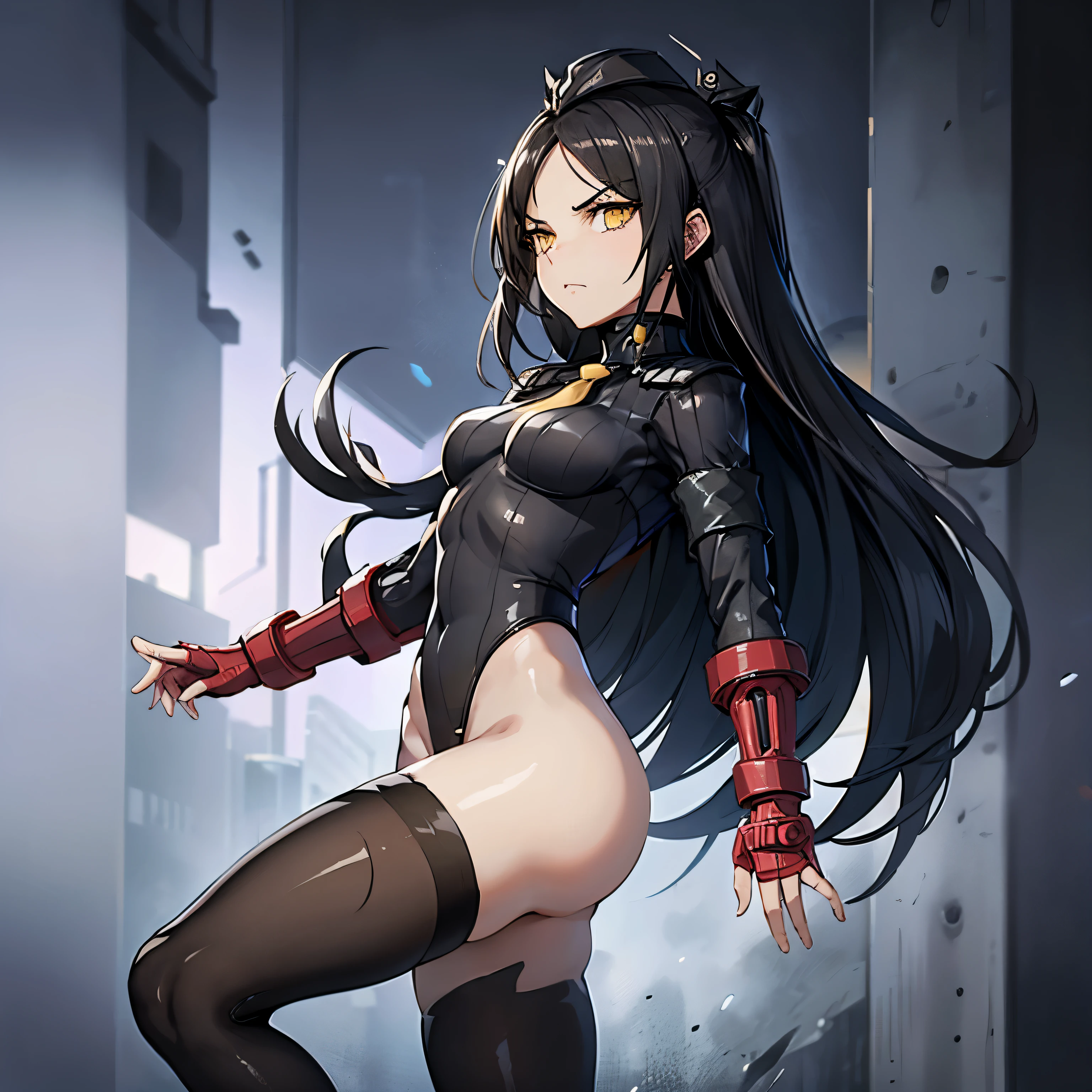 ultra-detailed, Explicit, Beautiful body, Beautiful Nose, Beautiful character design, perfect eyes, perfect face, ultra highres, 4K, beautiful legs, perfect legs, Nice hands, Perfect hand, Masterpiece, Best Quality, Highly detailed, illustration, absurdres, perfect anatomy, street fighter, doll suit, shadaloo doll, dollsuit, expressionless, blank eyes, looking at viewer, red gloves, emotionless, black latex, corrution, mind control, female combatant, full body, hypnotized, unhappy trance, full body suit, ribbed bodysuit, both arms at side, obey, perfect female body, extremely glossy latex, hypnosis, hypnoLora, empty eyes, Mind control device, poses, submissive_pose, Slave, (all fours), hat, necktie, belt, latex, ribbed bodysuit, thighhighs, garter belt, Fighting Stance, extending the right arm from the shoulder into the air with a straightened hand, military, thigh boots, black pantyhose, (((pixel-perfect, detail-perfect))), solo, 1girl, hair ornaments, long hair, black hair, hair ribbon, yellow eyes, Judge, Girls' Frontline, small breast, short