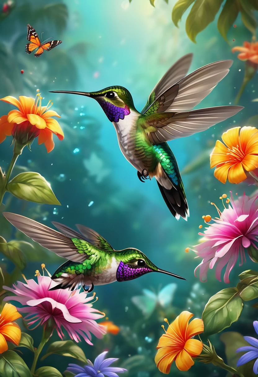 ((perfect hummingbird and butterflies in flight, beautiful iridescent colors, surrounded by exotic flowers in a beautiful and detailed garden, magical idyllic vibrant and beautiful colors:1.5)), (((Best quality))), (((ultra detailed CG ))), Ultra High Definition, 8k, Unreal Engine 5, Ultra Sharp Focus, Intricate Art Masterpiece, Majestic, Golden Ratio, Highly Detailed, Vibrant, Production Cinematic Character Rendering, Ultra High Quality Model, 32k