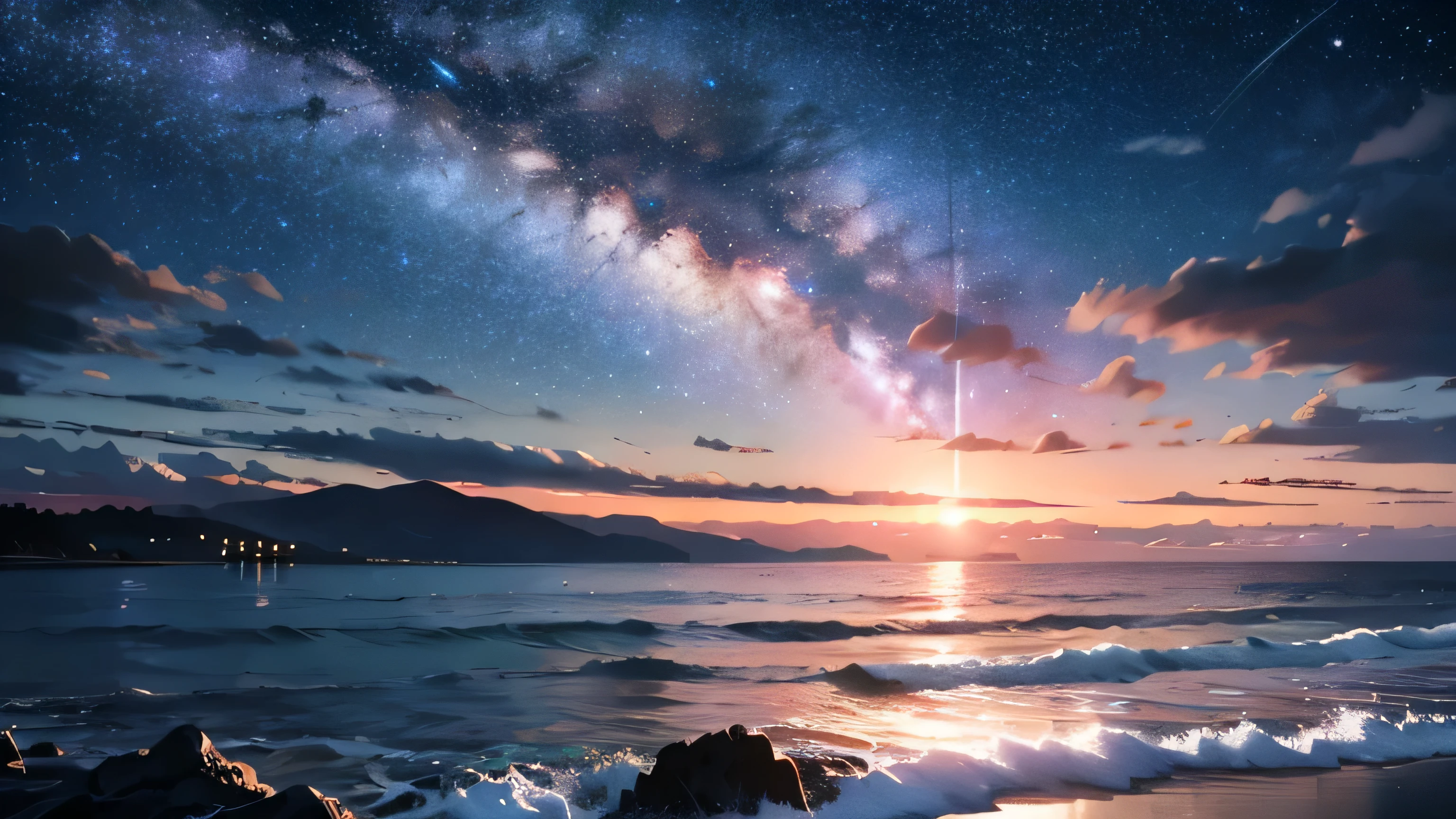 under the starry sky、Breathtaking views of the tranquil sea, Ultra-realistic 8KCG expression, Dramatic shadows cast by moonlight on the water surface, The stars reflected in the waves twinkle、perfectly lit scene, Exquisite formation of the crescent moon and the constellations above it, Reflections from stars create intricate patterns on the sea surface., Perfect harmony between nature and the universe, The majestic beauty that unfolds as the night progresses, Top Photography Masters Award Winners, Particles of light surround each star, Detailed texture that expresses ripples on the water surface, 8K resolution revealed