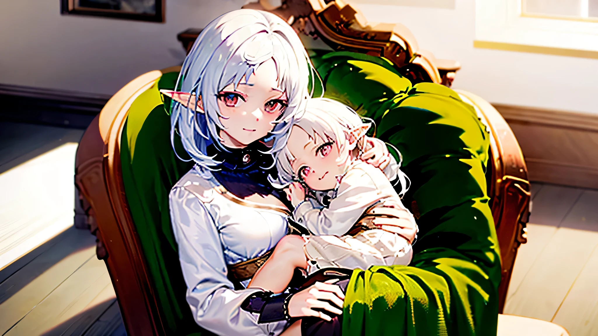 a cute character with a shy smile named Sylphie with elf-like ears and white short hair, the eyes are red colored with black pupils. The character is wearing a white long-sleeve shirt and a brown skirt, is sitted on a chair amidst a serene and beautifully illuminated room while she holds an elf baby with light brown hair, inside blankets on her arms. Mushoku Tensei. anime style masterpiece.