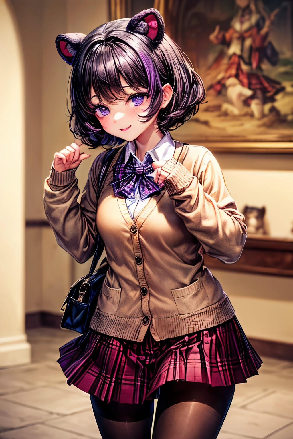 ((worst quality, low quality)), muste piece,best quality,Super detailed,masterpiece, (Castle:1.3), (テーマパークのCastleの背景:1.2), ((Close-up)), ((face focus)), ((Kemonomimi girl with black bear ears:1.2)), solo, ((Black hair berry berry short:1.3)), plump and glossy lips, (Beautiful purple eyes:1.3), spoken word heart, (best smile), spoken word heart, (Cute Pose:1.2), (school uniform:1.2), (Beige cardigan fits the body:1.4), ((long sleeves, sleeves past the wrist):1.2), (White collar shirt underneath:1.3), ((raise button, Not loose):1.5),(red plaid pleated skirt:1.3), ((Dark Brown Pantyhose Afers):1.2), best quality, masterpiece,
