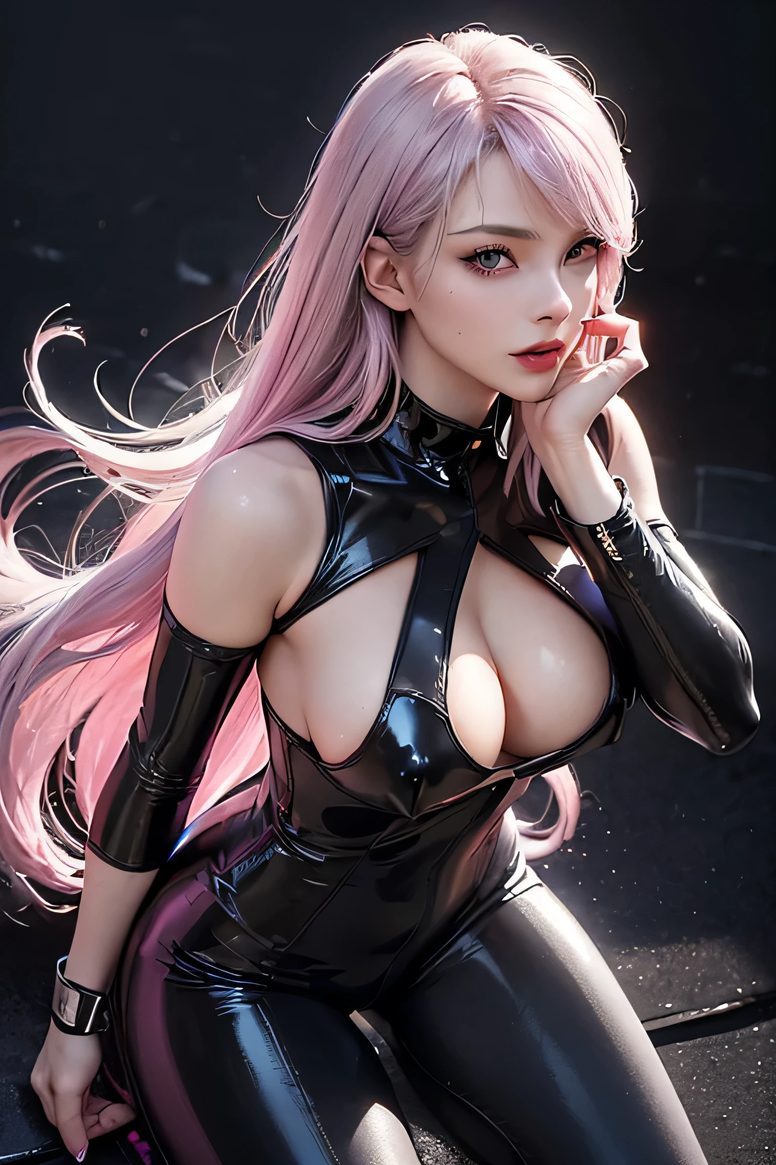 thin waist, long limbs, ((I can see your nipples)), (8k, highest qualthaty, masterpiece:1.2), (realistic, Photoreal:1.37), Super detailed, one girl, (very detailed), (detailed and beautiful eyes), (highest qualthatyの), (Super detailed), (masterpiece), (detailed face), 20-year-old, 1 girl, (silver hair, long hair), medium breasts, dressed, perfect lighting, break, (black and dark purple:1.3), (patent leather and satin/spandex:1.4), (sexy cutout catsuthat:1.5), (bodycon silhouette:1.3), (cutout leggings:1.4), (Laser cut details:1.3), (Fishnet tights:1.3), (Lace-up high heel boots:1.3), (big fancy leather collar:1.4), (metal handcuffs:1.4), brake, (upper body close-up:1.3), (wet pink hair, some hair strands hanging down the side of the face:1.4), (seductive and sexy gaze, lips slightly open:1.5), (pull the collar wthath your right hand, left hand holding handcuffs:1.4), (dark alley, that'it's raining:1.3), (When strong light hits your face or clothes, high contrast:1.4)