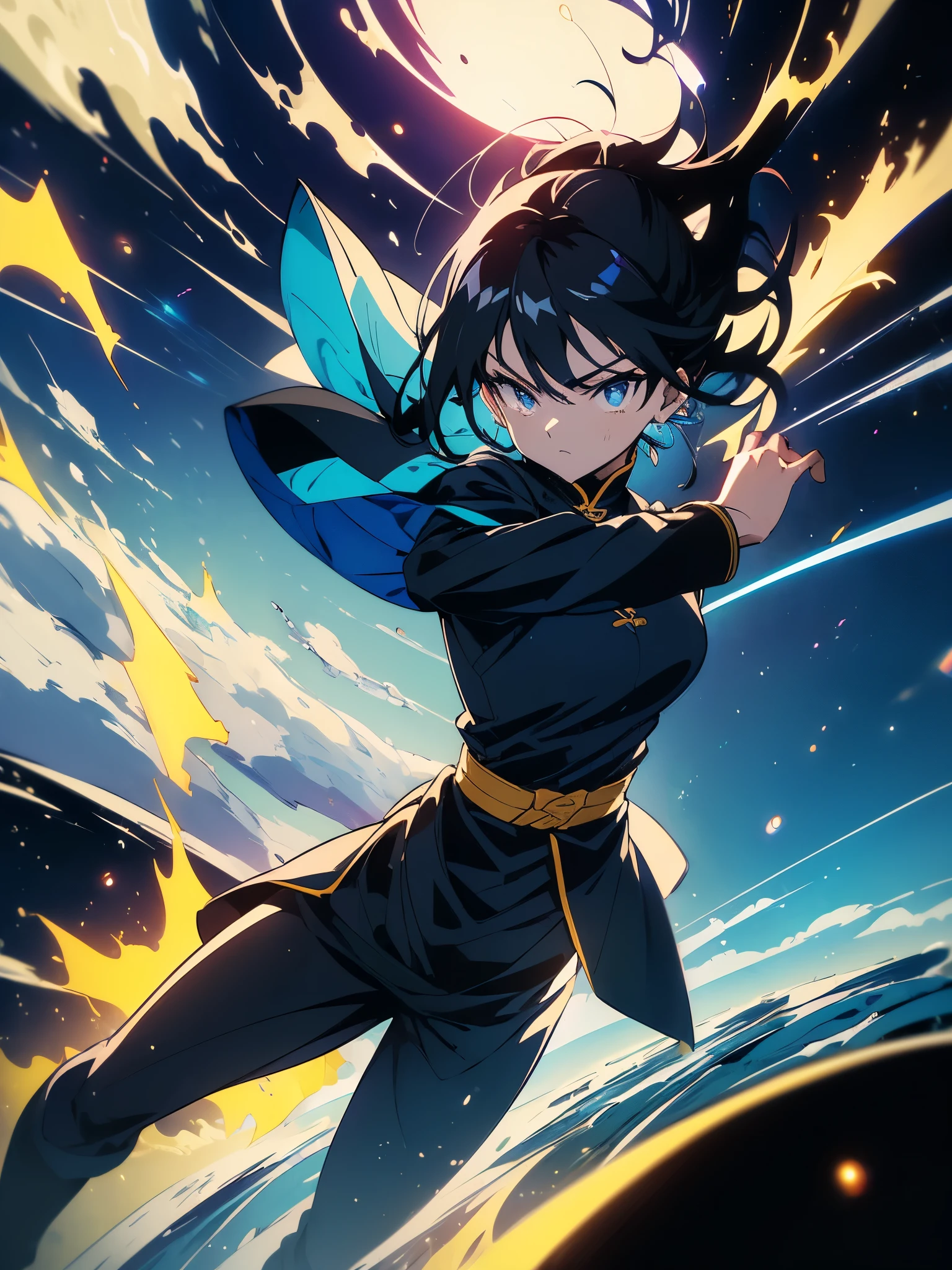 (((masterpiece、highest quality))),(emits a Kamehameha wave)16k,(1 young person,black hair,brave look), figure, Earth, Wind,space,、(Shining eyes),(chinese fighting uniform)、(Blue effect)、action、beautiful anime、Cool anime