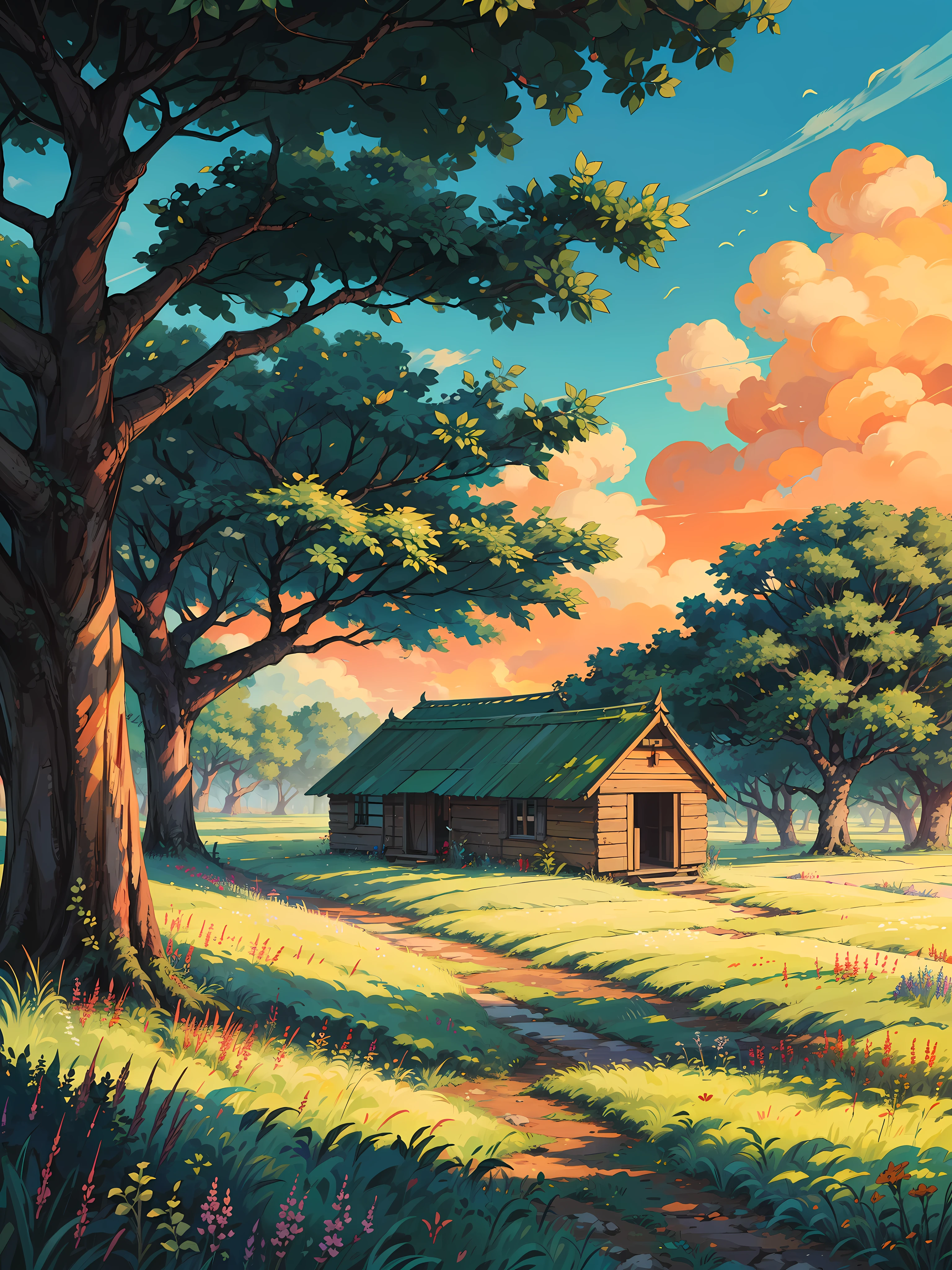 (masterpiece:1), (full view:1.5), (an old hut in the green fields with long grass:1.6), (sunset ambience:1.3), silence, (colorful wildflowers flowing with wind:1.4), magnificent sky, (Dim volumetric light:1.4), peaceful, (beautiful sky), (a big banyan tree providing shade to hut:1.4), (ghibli environment), beautiful tones, subtle colors, peaceful, (illustration: 1.0), epic composition, realistic lighting, HD details, masterpiece, best quality, ,