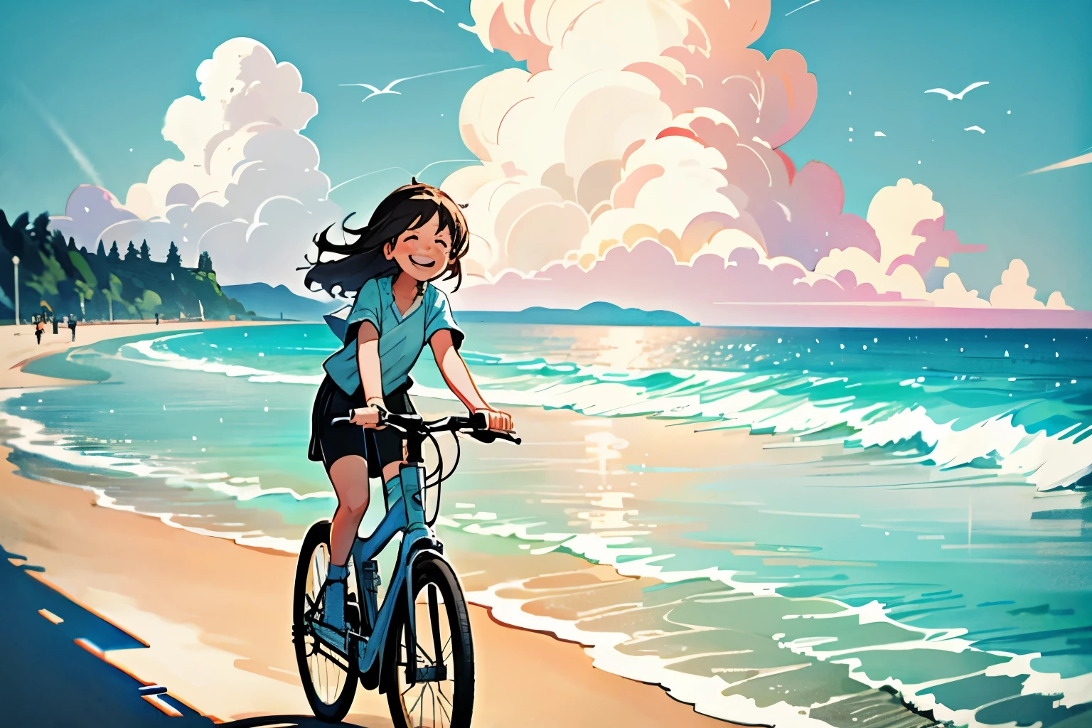 girl、riding a bicycle along the beach、smile、refreshing、beautiful sea、You can see the island in the distance、beautiful clouds、