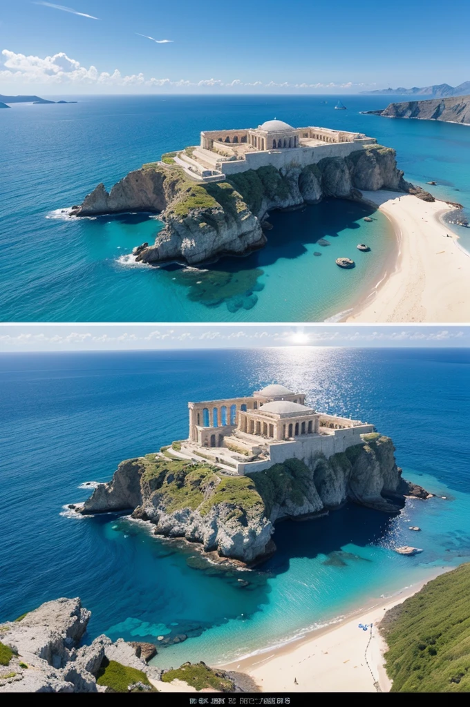 There is a Greek building in the center of the clear blue sky and crystal clear sea。Create a digital matte painting of the ocean that sets sci-fi movies。