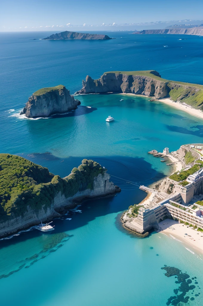 There is a Greek building in the center of the clear blue sky and crystal clear sea。Create a digital matte painting of the ocean that sets sci-fi movies。
