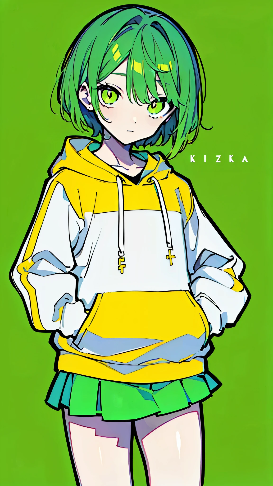 (masterpiece, highest quality:1.6), alone, thick outline, (simple background, Dark yellow background, monochrome, bright lime green color theme:1.2), official art, Key Visual, 8k, confused, whole body, (unique hair, oversized hoodie, mini skirt, cheerleader, arch back, short torso, solo:1.2), belly button, thighs, cowboy shot, HDR, sharp focus, High resolution, most detailed, very detailed, Super detailed, finely, detailed eyes and face, sharp pupils, realistic student, alone, alone, put one's hand in one's pocket, Contrast of yellow and lime green