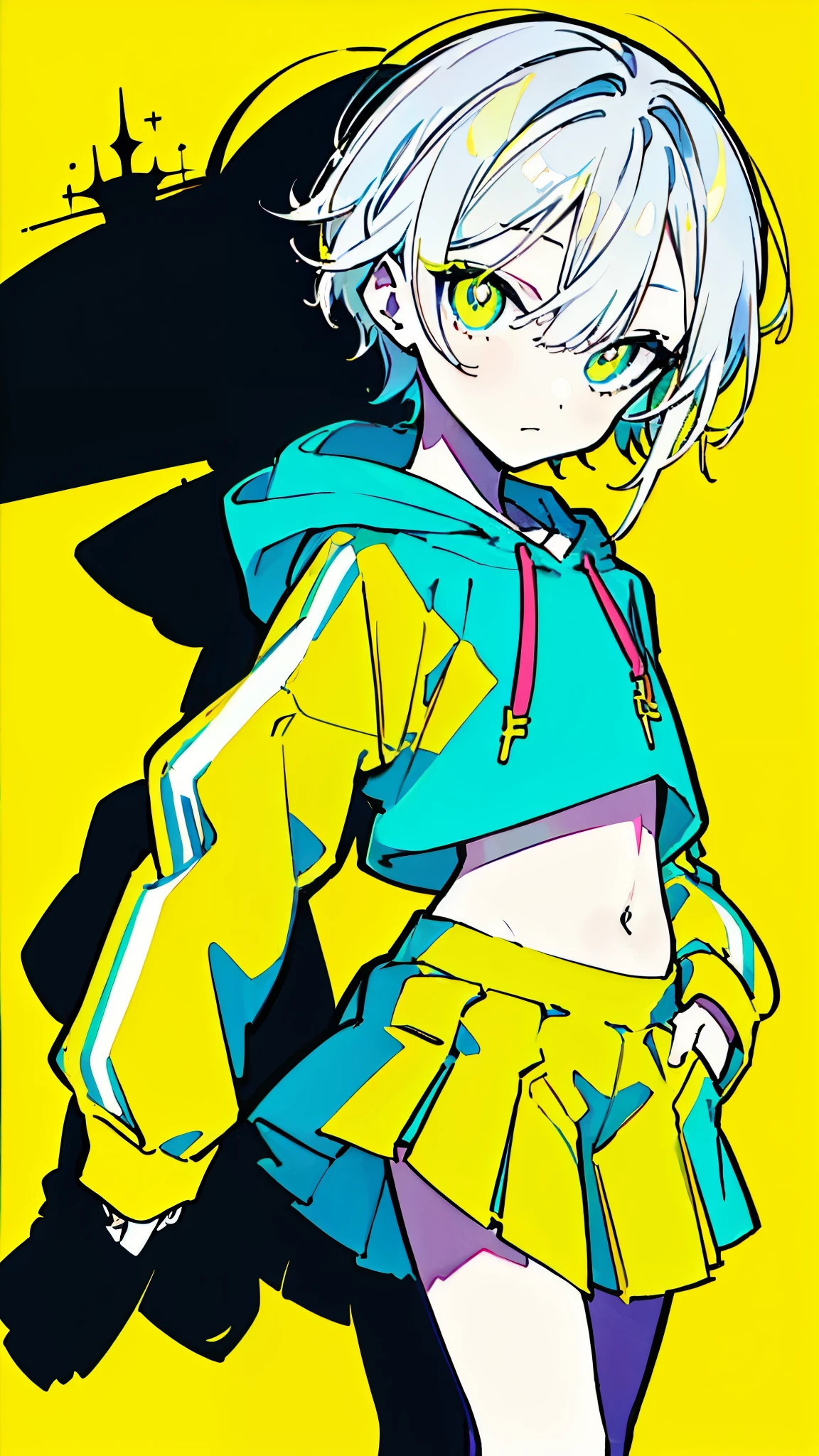 (masterpiece, highest quality:1.6), alone, thick outline, (simple background, Dark yellow background, monochrome, bright lime green color theme:1.2), official art, Key Visual, 8k, confused, whole body, (unique hair, oversized hoodie, mini skirt, cheerleader, arch back, short torso, solo:1.2), belly button, thighs, cowboy shot, HDR, sharp focus, High resolution, most detailed, very detailed, Super detailed, finely, detailed eyes and face, sharp pupils, realistic student, alone, alone, put one's hand in one's pocket, Contrast of yellow and lime green