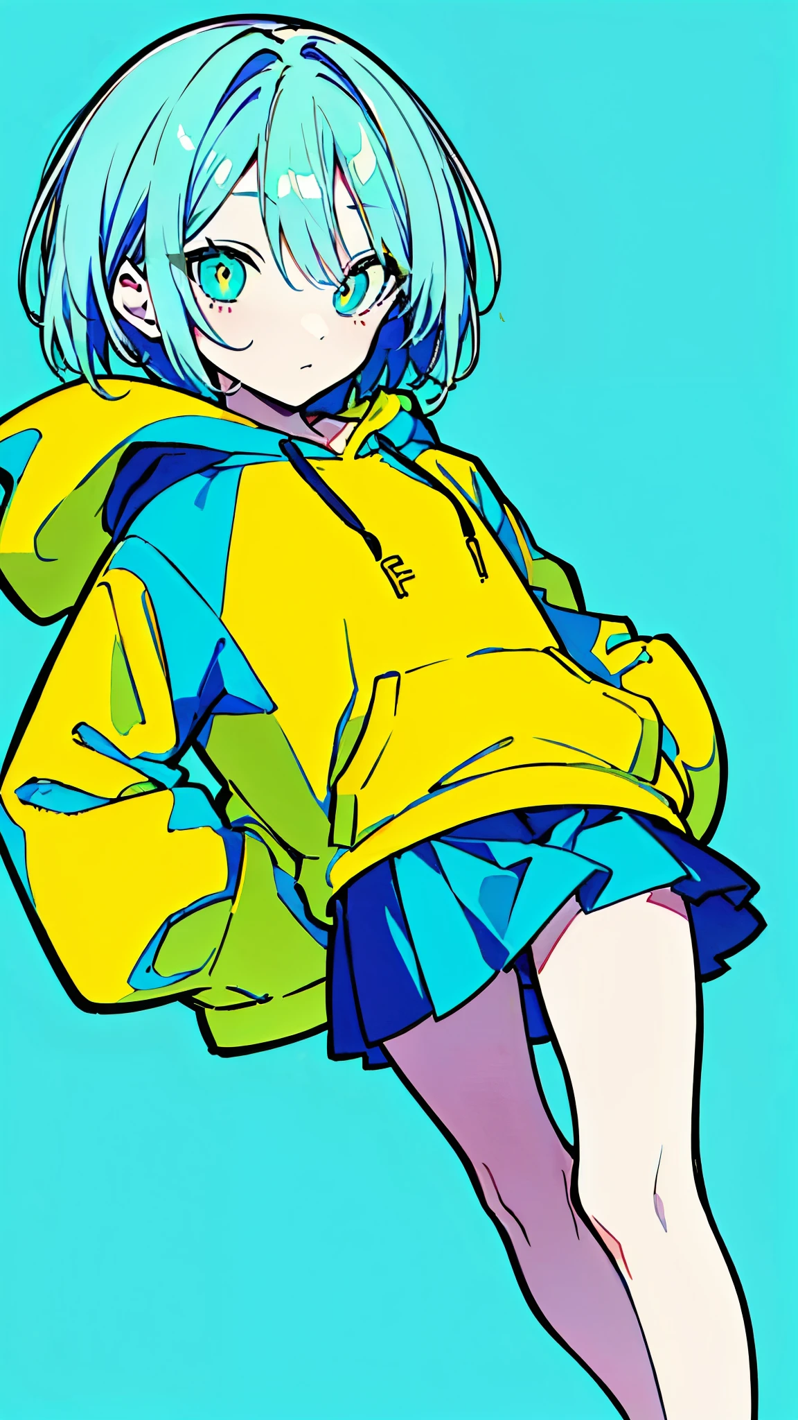 (masterpiece, highest quality:1.6), alone, thick outline, (simple background, bright blue green background, monochrome, bright blue green theme:1.2), official art, Key Visual, 8k, confused, whole body, (unique hair, oversized hoodie, mini skirt, arch back, short torso:1.2), belly button, thighs, cowboy shot, HDR, sharp focus, High resolution, most detailed, very detailed, Super detailed, finely, detailed eyes and face, sharp pupils, realistic student, alone, alone, put one&#39;s hand in one&#39;s pocket, Contrast between yellow, light blue and yellow-green