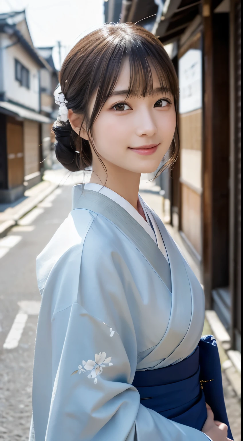 professional lighting,(Photoreal:1.4), (Top image quality:1.0), (超A high resolution:1.0), 8k, Raw photography, (masterpiece:0.2), (Pueros face_v1:0.5)、(最高quality Detail:1.2)、realistic、8k UHD、High resolution、(1 girl:1.2)、超detailedな、High quality textures、intricate details、detailed、Very detailed CG、High quality shadows、detailed 美しく繊細な顔、Beautiful details and delicate eyes、(symmetrical eyes:1.2),Depth of the bounds written、ray tracing,1 girl, japanese girl, (natural smile:1.4),cute, thin, Portrait of a beautiful Japanese woman wearing a kimono, Standing elegantly on a street corner in Kyoto. A kimono with bright traditional patterns, Hair decorated with an elegant and delicate hairpin, and a gentle expression. (Against the backdrop of the old streets of Kyoto:1.4)、soft light on a spring afternoon、adds tranquility to the scene. Rendered in a realistic style with great attention to detail, High resolutionの画像.sky porn, magic hour, (realistic:1.3), finely, quality, (table top:1.2), (realistic:1.2), (最高quality), (複雑なdetailed), dramatic, ray tracing, photograph, +roller