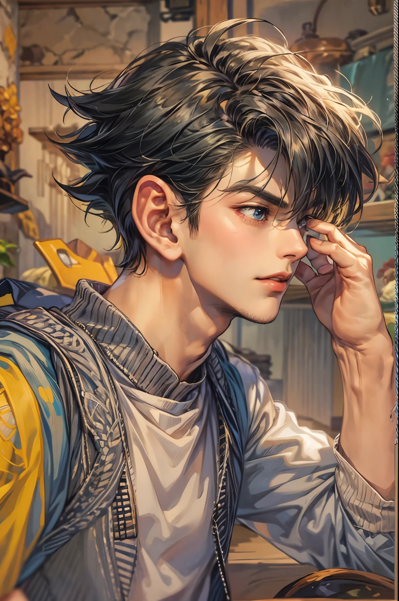 ((Best quality)), ((masterpiece)), (detailed), ((perfect face)), ((halfbody)) handsome face, male, teen boy, perfect proportions , a character from anime Dragon ball Z, akira toriyama art style, short hair, male version , detailed ghibli interior scenery background