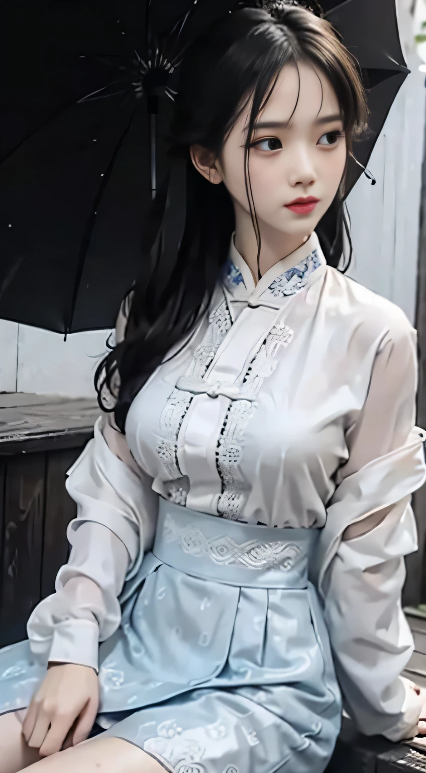 Master quality, highest quality, best picture quality hd 8k, exaggerated details, a godeess 8 year old dress moxin  with a shy expression, slightly squinted eyes, adjusting her hair, long eyelashes (long hair / very, very exaggerated big breasts _ tits / in hanfu chinese thin silk qipao very wet body, thin cloth embossed pattern, short skirt), posing sit in front of the camera, wet throught rain, very wet body, thin cloth embossed pattern), posing sit in front of the camera, wet throught rain, wet silk lace under wear throught skin,  thin cloth embossed pattern detaild lace