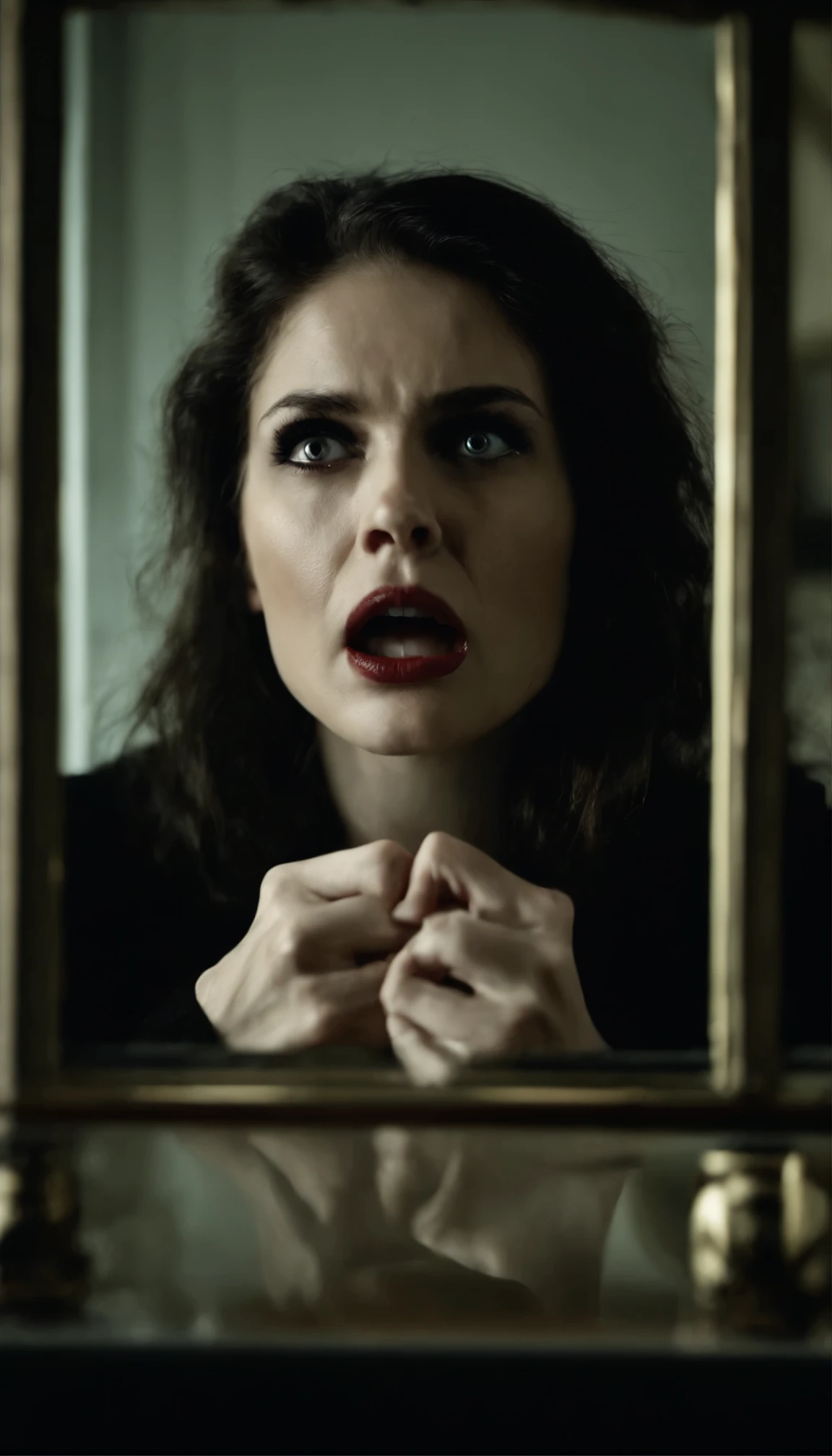 (high quality:1.2),ultra-detailed,(realistic:1.37),frightening,horror,portrait,close-up,mirror,woman's face,glass shards,dark room,terrified expression,wide-open mouth,anger,fear,shadows,distorted reflection,bloodshot eyes,horrifying grimace,captured fear,despair,emotional turmoil,intense emotion,disheveled hair,palms pressed against the mirror,anxiety,nightmare,psychological horror,haunting image,bizarre,macabre,frightful,heart pounding,gothic atmosphere,mysterious,terror-filled,thrilling,petrified,widened eyes,sharp teeth,goosebumps,haunted,deep dark secret,unexpected terror,unsettling,unforgettable,paralyzing fear
