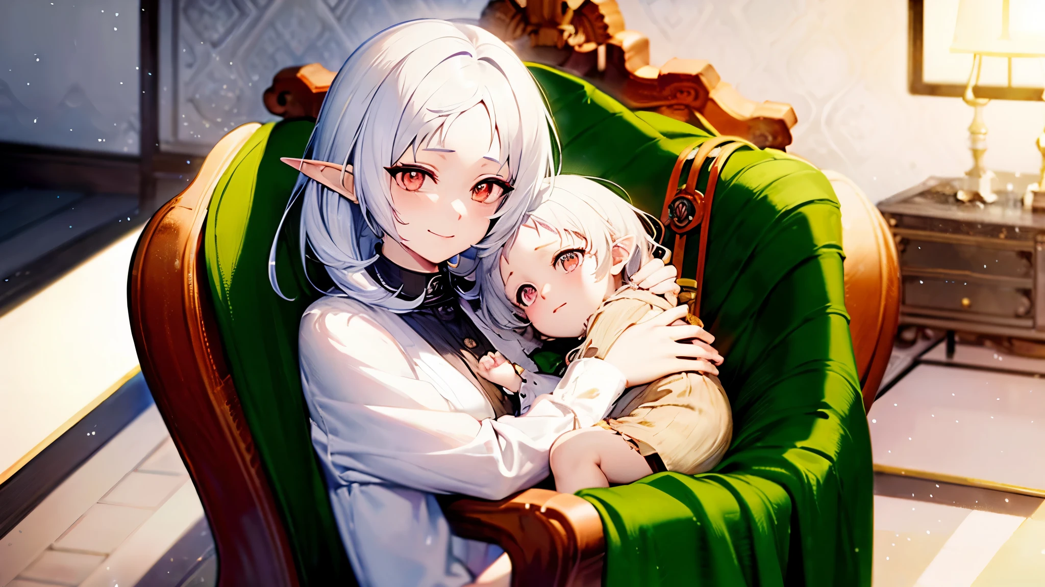 a cute character with a shy smile named Sylphie with elf-like ears and white short hair, the eyes are red colored with black pupils. The character is wearing a white long-sleeve shirt and a brown skirt, is sitted on a chair amidst a serene and beautifully illuminated room while she holds an elf baby with light brown hair, inside blankets on her arms. Mushoku Tensei. anime style masterpiece.