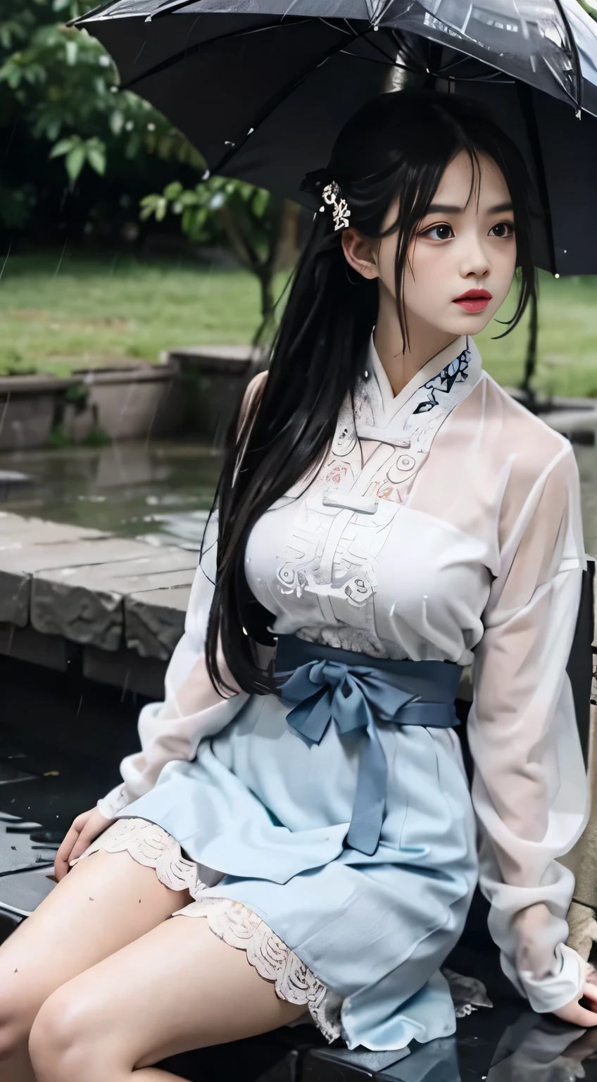 Master quality, highest quality, best picture quality hd 8k, exaggerated details, a godeess 8 year old dress moxin  with a shy expression, slightly squinted eyes, adjusting her hair, long eyelashes (long hair / very, very exaggerated big breasts _ tits / in hanfu chinese thin silk qipao very wet body, thin cloth embossed pattern, short skirt), posing sit in front of the camera, wet throught rain, very wet body, thin cloth embossed pattern), posing sit in front of the camera, wet throught rain, wet silk lace under wear throught skin,  thin cloth embossed pattern detaild lace