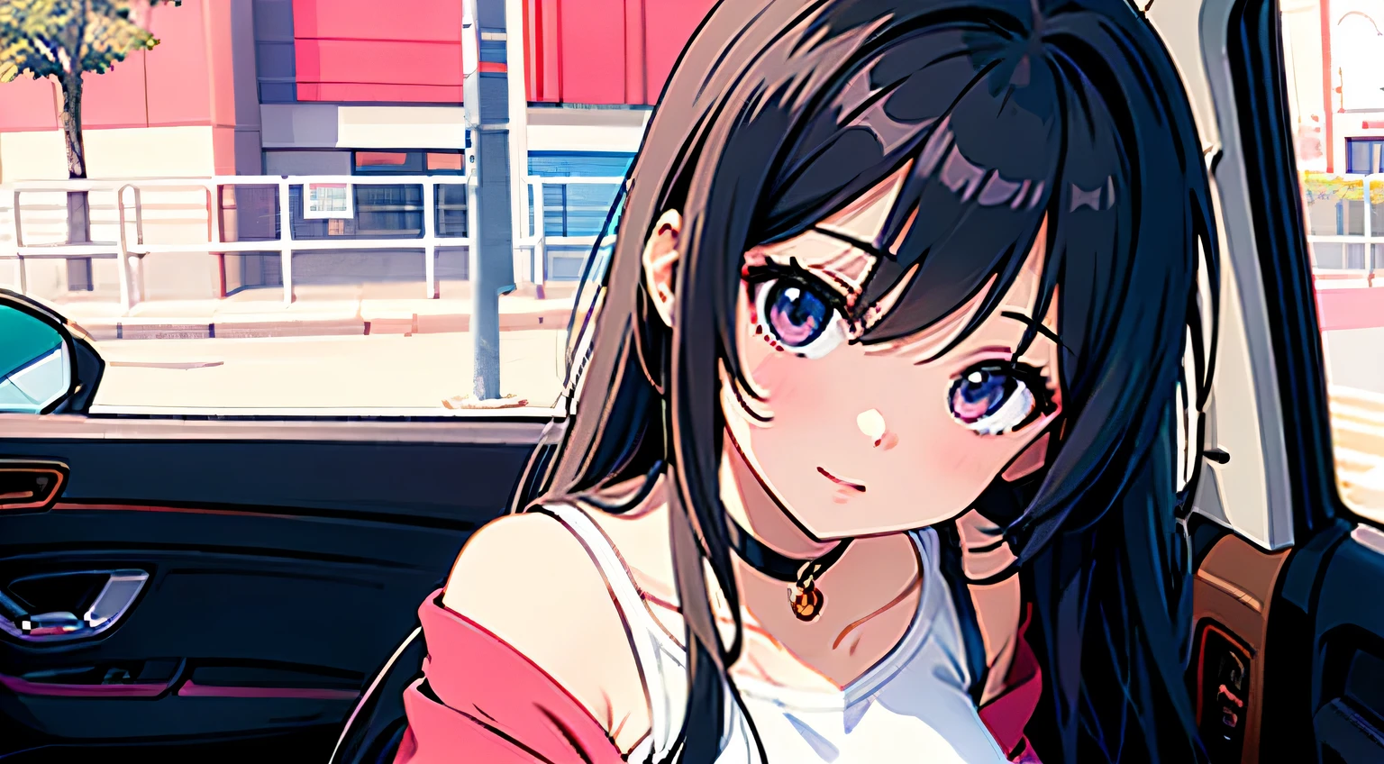 4K, A high resolution, Best quality at best, masterpiece, perfect colors, perfect shadow, perfect litthing, ((sportrait)), Anime girl sitting in car with hand on chin, Anime visuals of cute girls, Seductive Anime Girl, charming anime girls, anime styled, High quality anime art style, Beautiful anime girl, young anime girl, Anime Girl, Anime Girl with Long Hair, tight crop top, big breast, half breast open, background is Tokyo city 80s,  an anime girl, Cute anime girl, face closeup
