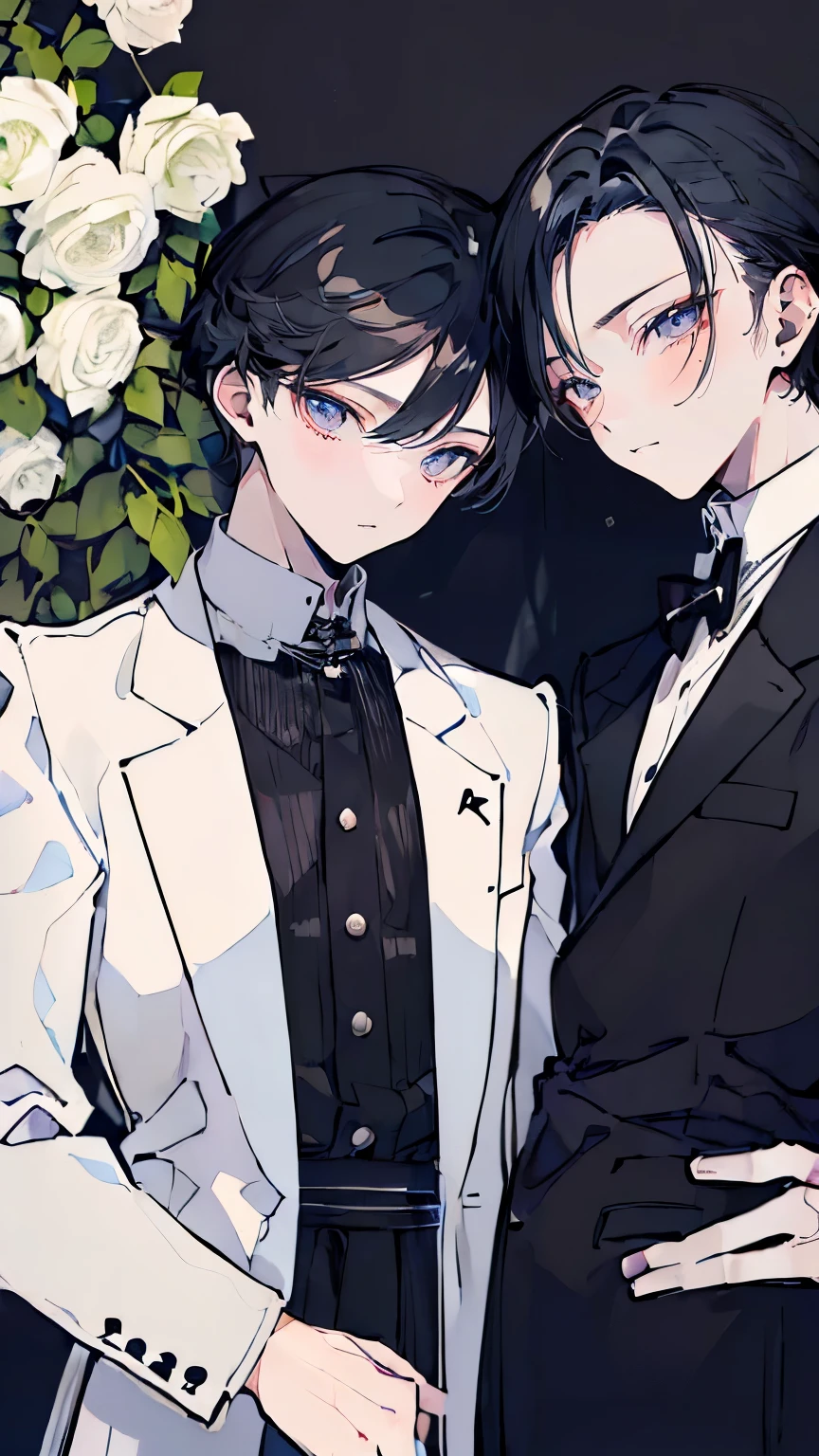 very detailed, ((two friendly young men:1.5)), perfect face, beautiful face, very detailed顔，(black-haired young man:1.3)，(white-haired young man:1.3)，Ruffled shirt，smile，flower