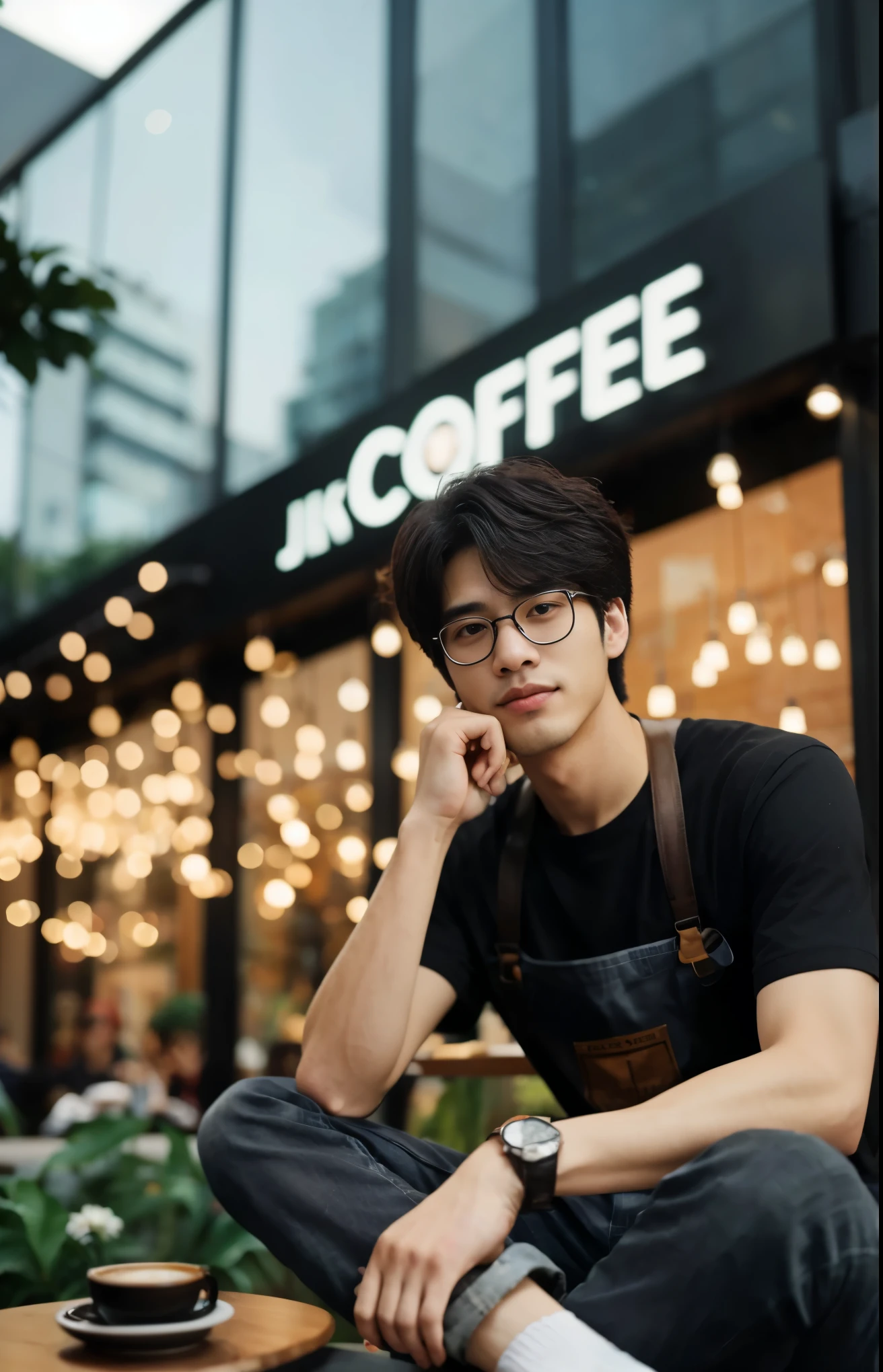 araffe sitting on a table with a cup of coffee in front of a building, male ulzzang, jc park, enjoying coffee at a coffee shop, south korean male, in a coffee shop, coffee shop, mid shot portrait, jung jaehyun, jinyoung shin, inspired by jeonseok lee, jaeyeon nam, steven jung, high quality portrait