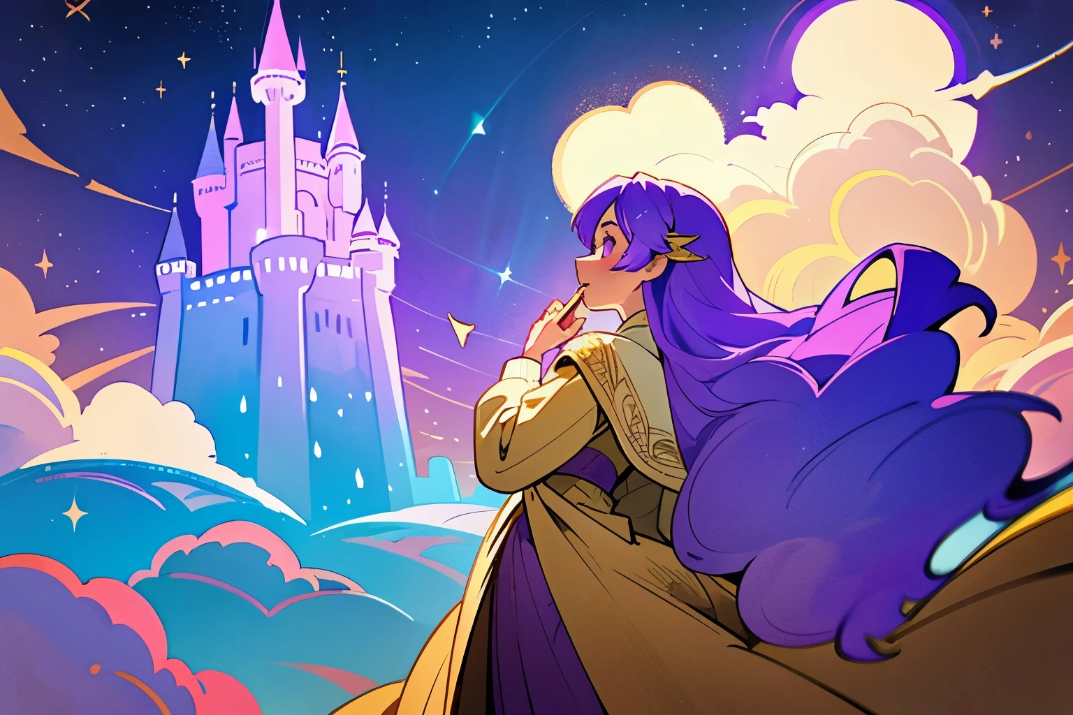 fantasy、long flowing hair、Beautiful purple, white and gold costume、In the sky３two castles are floating、A girl from the back looking up at the castle、beautiful clouds