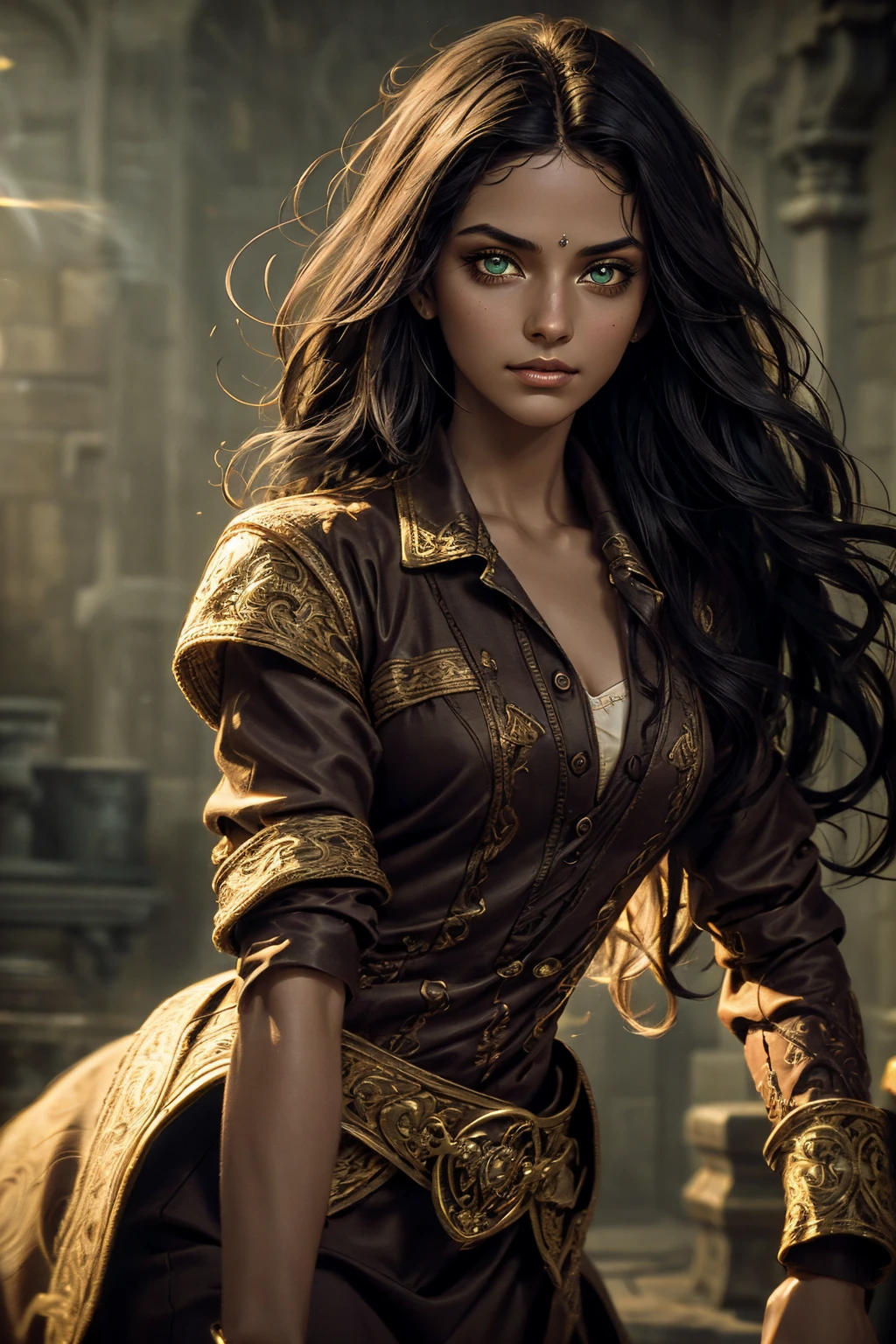 A stunning South-Indian woman, olive-skinned woman, Indian beauty, with bright green eyes, standing in swirling black smoke, with dark brown-black long wavy hair, mesmerizing features with a scary expression, finely detailed eyes, angry mood masterpiece, top quality, best quality, official art, beautiful and aesthetic:1.2), (1girl), extreme detailed,(fractal art:1.3), colorful, highest detailed, (masterpiece, best quality:1.3) professional digital painting, Unreal Engine 5. Wearing a black-buttoned-up military-trench coat. Scary void dripping from body and face black magic swirling around. Black smoke swirled around her. Purple-tinted background. In a 1920 setting, at a farm, wearing 1930 style clothing, , masterpiece, top quality, best quality, official art, beautiful and aesthetic:1.2), (1girl), extreme detailed,(fractal art:1.3), blue, gray, white, purple, teal, blue-green, highest detailed, (masterpiece, best quality:1.3) 1 green-eyed woman, professional digital painting, Unreal Engine 5. Wearing embroidered linen blouse, Wearing long pleated skirt, Long hair, hopeful expression, finely detailed eyes, smiling, epic scene, epic composition, Cinematic Lighting, Volumetric Lighting, ethereal light, intricate details, extremely detailed volumetric rays. Green Eyes. [Beautiful girl, linen shirt and pants, oil painting, Detailed facial features, Sunlight, bright colors, dramatic lighting, expressive eyes and lips, High Resolution]
