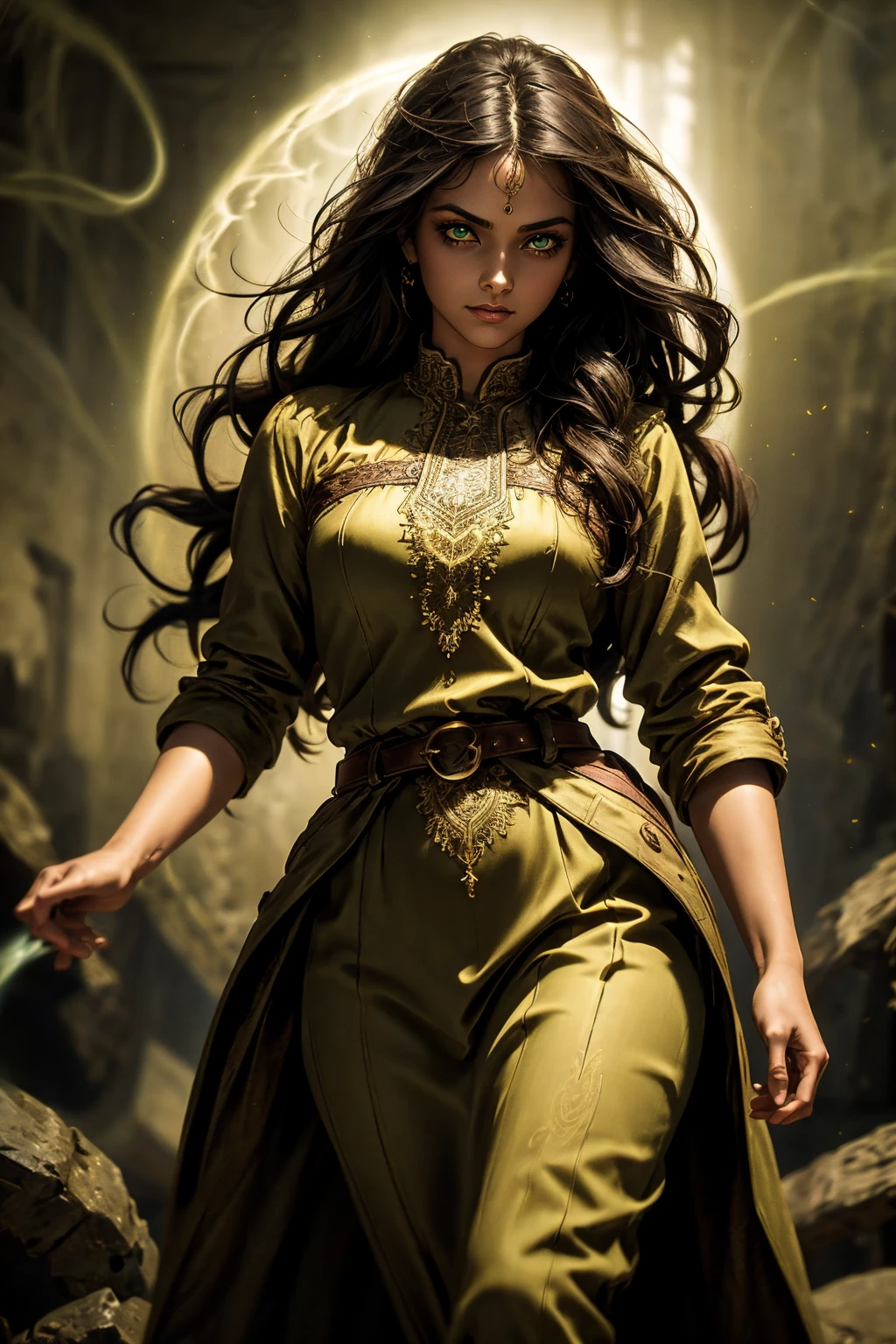 A stunning South-Indian woman, olive-skinned woman, Indian beauty, with bright green eyes, standing in swirling black smoke, with dark brown-black long wavy hair, mesmerizing features with a scary expression, finely detailed eyes, angry mood masterpiece, top quality, best quality, official art, beautiful and aesthetic:1.2), (1girl), extreme detailed,(fractal art:1.3), colorful, highest detailed, (masterpiece, best quality:1.3) professional digital painting, Unreal Engine 5. Wearing a black-buttoned-up military-trench coat. Scary void dripping from body and face black magic swirling around. Black smoke swirled around her. Purple-tinted background. In a 1920 setting, at a farm, wearing 1930 style clothing, , masterpiece, top quality, best quality, official art, beautiful and aesthetic:1.2), (1girl), extreme detailed,(fractal art:1.3), blue, gray, white, purple, teal, blue-green, highest detailed, (masterpiece, best quality:1.3) 1 green-eyed woman, professional digital painting, Unreal Engine 5. Wearing embroidered linen blouse, Wearing long pleated skirt, Long hair, hopeful expression, finely detailed eyes, smiling, epic scene, epic composition, Cinematic Lighting, Volumetric Lighting, ethereal light, intricate details, extremely detailed volumetric rays. Green Eyes. [Beautiful girl, linen shirt and pants, oil painting, Detailed facial features, Sunlight, bright colors, dramatic lighting, expressive eyes and lips, High Resolution]
