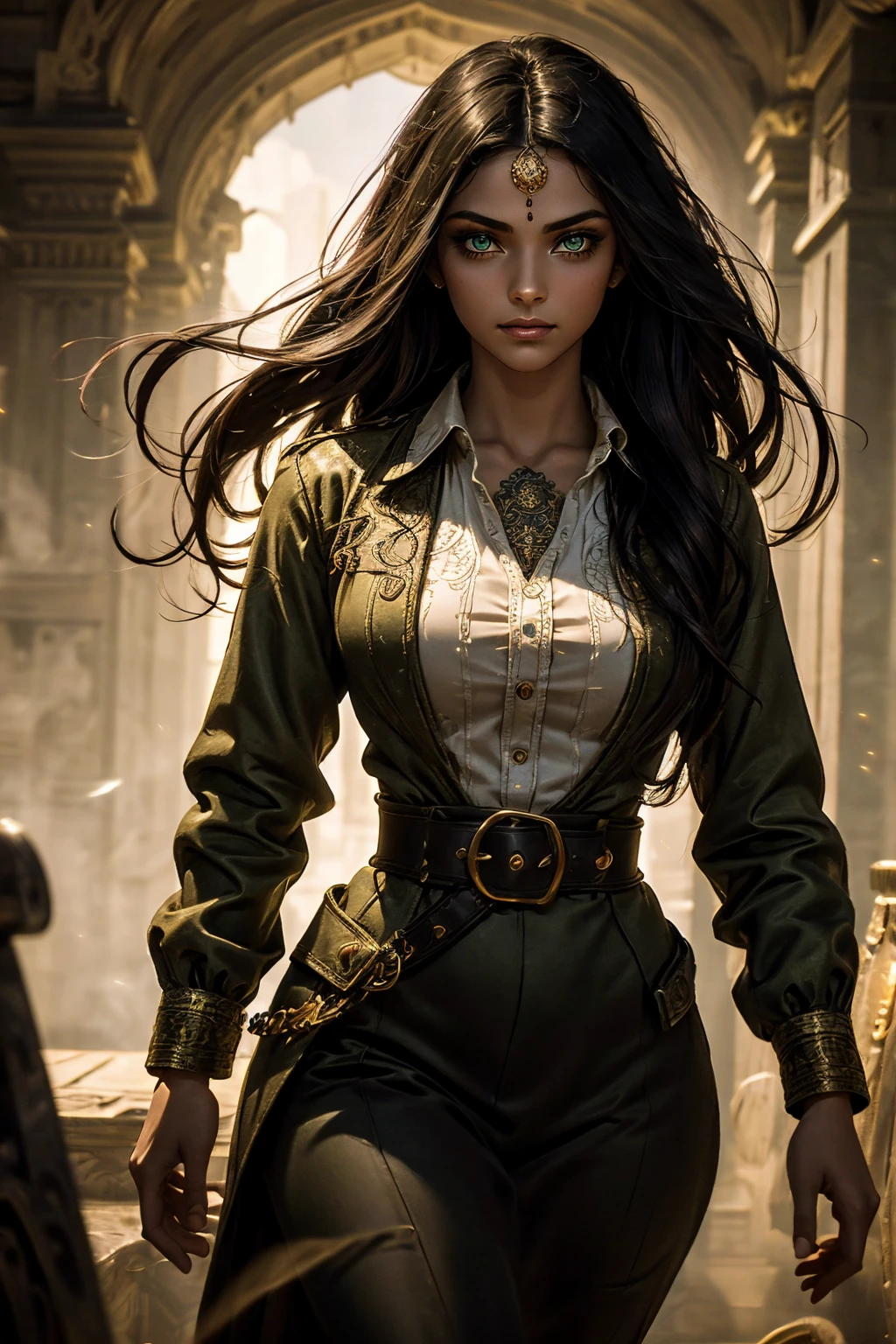 A stunning South-Indian woman, olive-skinned woman, Indian beauty, with bright green eyes, standing in swirling black smoke, with dark brown-black long wavy hair, mesmerizing features with a scary expression, finely detailed eyes, angry mood masterpiece, top quality, best quality, official art, beautiful and aesthetic:1.2), (1girl), extreme detailed,(fractal art:1.3), colorful, highest detailed, (masterpiece, best quality:1.3) professional digital painting, Unreal Engine 5. Wearing a black-buttoned-up military-trench coat. Scary void dripping from body and face black magic swirling around. Black smoke swirled around her. Purple-tinted background. In a 1920 setting, at a farm, wearing 1930 style clothing, , masterpiece, top quality, best quality, official art, beautiful and aesthetic:1.2), (1girl), extreme detailed,(fractal art:1.3), blue, gray, white, purple, teal, blue-green, highest detailed, (masterpiece, best quality:1.3) 1 green-eyed woman, professional digital painting, Unreal Engine 5. Wearing embroidered linen blouse, Wearing long pleated skirt, Long hair, hopeful expression, finely detailed eyes, smiling, epic scene, epic composition, Cinematic Lighting, Volumetric Lighting, ethereal light, intricate details, extremely detailed volumetric rays. Green Eyes. [Beautiful girl, linen shirt and pants, oil painting, Detailed facial features, Sunlight, bright colors, dramatic lighting, expressive eyes and lips, High Resolution]
