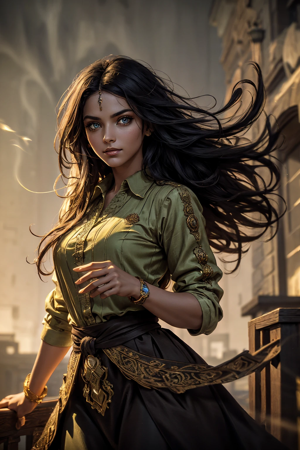 A stunning South-Indian woman, olive-skinned woman, Indian beauty, with bright green eyes, standing in swirling black smoke, with dark brown-black long wavy hair, mesmerizing features with a scary expression, finely detailed eyes, angry mood masterpiece, top quality, best quality, official art, beautiful and aesthetic:1.2), (1girl), extreme detailed,(fractal art:1.3), colorful, highest detailed, (masterpiece, best quality:1.3) professional digital painting, Unreal Engine 5. Wearing a black-buttoned-up military-trench coat. Scary void dripping from body and face black magic swirling around. Black smoke swirled around her. Purple-tinted background. In a 1920 setting, at a farm, wearing 1930 style clothing, , masterpiece, top quality, best quality, official art, beautiful and aesthetic:1.2), (1girl), extreme detailed,(fractal art:1.3), blue, gray, white, purple, teal, blue-green, highest detailed, (masterpiece, best quality:1.3) 1 green-eyed woman, professional digital painting, Unreal Engine 5. Wearing embroidered linen blouse, Wearing long pleated skirt, Long hair, hopeful expression, finely detailed eyes, smiling, epic scene, epic composition, Cinematic Lighting, Volumetric Lighting, ethereal light, intricate details, extremely detailed volumetric rays. Green Eyes. [Beautiful girl, linen shirt and pants, oil painting, Detailed facial features, Sunlight, bright colors, dramatic lighting, expressive eyes and lips, High Resolution]

