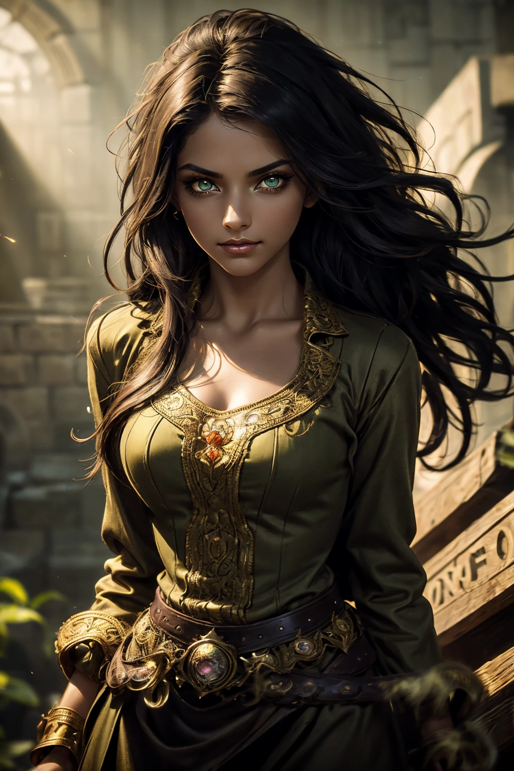 A stunning South-Indian woman, olive-skinned woman, Indian beauty, with bright green eyes, standing in swirling black smoke, with dark brown-black long wavy hair, mesmerizing features with a scary expression, finely detailed eyes, angry mood masterpiece, top quality, best quality, official art, beautiful and aesthetic:1.2), (1girl), extreme detailed,(fractal art:1.3), colorful, highest detailed, (masterpiece, best quality:1.3) professional digital painting, Unreal Engine 5. Wearing a black-buttoned-up military-trench coat. Scary void dripping from body and face black magic swirling around. Black smoke swirled around her. Purple-tinted background. In a 1920 setting, at a farm, wearing 1930 style clothing, , masterpiece, top quality, best quality, official art, beautiful and aesthetic:1.2), (1girl), extreme detailed,(fractal art:1.3), blue, gray, white, purple, teal, blue-green, highest detailed, (masterpiece, best quality:1.3) 1 green-eyed woman, professional digital painting, Unreal Engine 5. Wearing embroidered linen blouse, Wearing long pleated skirt, Long hair, hopeful expression, finely detailed eyes, smiling, epic scene, epic composition, Cinematic Lighting, Volumetric Lighting, ethereal light, intricate details, extremely detailed volumetric rays. Green Eyes. [Beautiful girl, linen shirt and pants, oil painting, Detailed facial features, Sunlight, bright colors, dramatic lighting, expressive eyes and lips, High Resolution]
