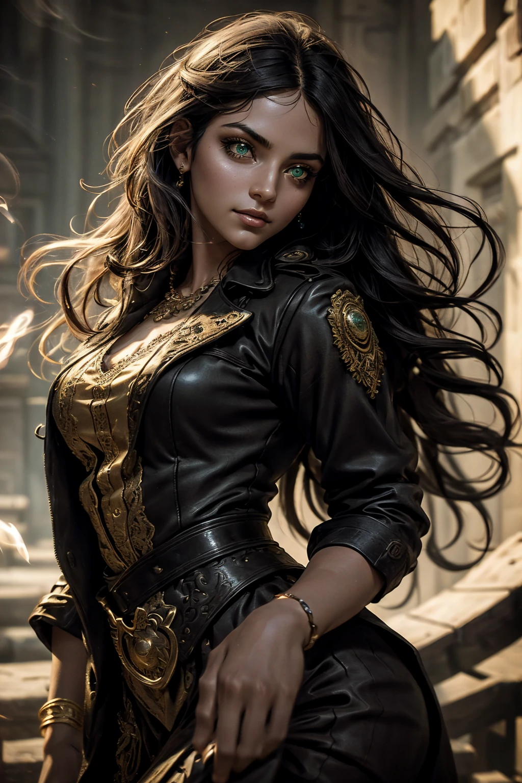 A stunning South-Indian woman, olive-skinned woman, Indian beauty, with bright green eyes, standing in swirling black smoke, with dark brown-black long wavy hair, mesmerizing features with a scary expression, finely detailed eyes, angry mood masterpiece, top quality, best quality, official art, beautiful and aesthetic:1.2), (1girl), extreme detailed,(fractal art:1.3), colorful, highest detailed, (masterpiece, best quality:1.3) professional digital painting, Unreal Engine 5. Wearing a black-buttoned-up military-trench coat. Scary void dripping from body and face black magic swirling around. Black smoke swirled around her. Purple-tinted background. In a 1920 setting, at a farm, wearing 1930 style clothing, , masterpiece, top quality, best quality, official art, beautiful and aesthetic:1.2), (1girl), extreme detailed,(fractal art:1.3), blue, gray, white, purple, teal, blue-green, highest detailed, (masterpiece, best quality:1.3) 1 green-eyed woman, professional digital painting, Unreal Engine 5. Wearing embroidered linen blouse, Wearing long pleated skirt, Long hair, hopeful expression, finely detailed eyes, smiling, epic scene, epic composition, Cinematic Lighting, Volumetric Lighting, ethereal light, intricate details, extremely detailed volumetric rays. Green Eyes. [Beautiful girl, linen shirt and pants, oil painting, Detailed facial features, Sunlight, bright colors, dramatic lighting, expressive eyes and lips, High Resolution]
