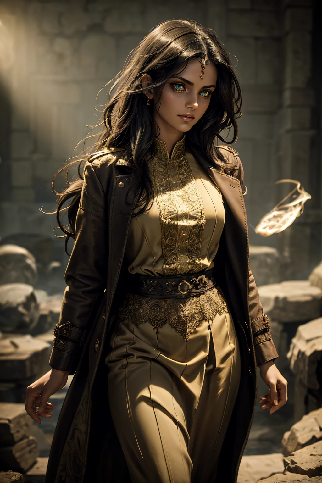 A stunning South-Indian woman, olive-skinned woman, Indian beauty, with bright green eyes, standing in swirling black smoke, with dark brown-black long wavy hair, mesmerizing features with a scary expression, finely detailed eyes, angry mood masterpiece, top quality, best quality, official art, beautiful and aesthetic:1.2), (1girl), extreme detailed,(fractal art:1.3), colorful, highest detailed, (masterpiece, best quality:1.3) professional digital painting, Unreal Engine 5. Wearing a black-buttoned-up military-trench coat. Scary void dripping from body and face black magic swirling around. Black smoke swirled around her. Purple-tinted background. In a 1920 setting, at a farm, wearing 1930 style clothing, , masterpiece, top quality, best quality, official art, beautiful and aesthetic:1.2), (1girl), extreme detailed,(fractal art:1.3), blue, gray, white, purple, teal, blue-green, highest detailed, (masterpiece, best quality:1.3) 1 green-eyed woman, professional digital painting, Unreal Engine 5. Wearing embroidered linen blouse, Wearing long pleated skirt, Long hair, hopeful expression, finely detailed eyes, smiling, epic scene, epic composition, Cinematic Lighting, Volumetric Lighting, ethereal light, intricate details, extremely detailed volumetric rays. Green Eyes. [Beautiful girl, linen shirt and pants, oil painting, Detailed facial features, Sunlight, bright colors, dramatic lighting, expressive eyes and lips, High Resolution]
