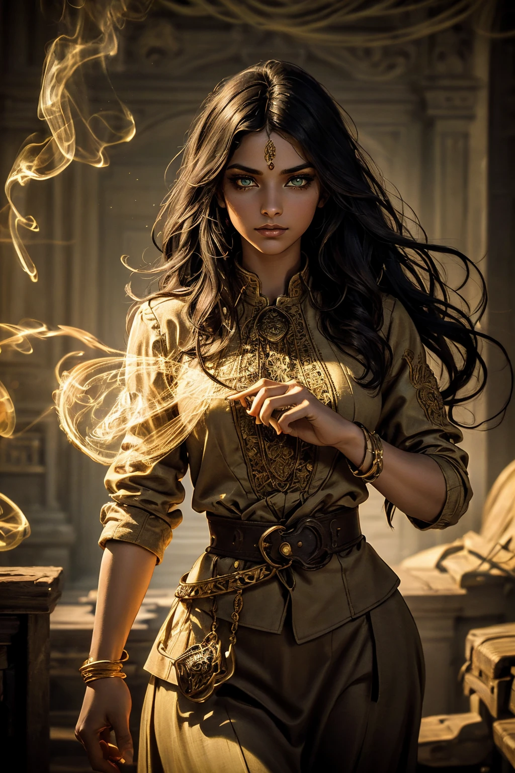 A stunning South-Indian woman, olive-skinned woman, Indian beauty, with bright green eyes, standing in swirling black smoke, with dark brown-black long wavy hair, mesmerizing features with a scary expression, finely detailed eyes, angry mood masterpiece, top quality, best quality, official art, beautiful and aesthetic:1.2), (1girl), extreme detailed,(fractal art:1.3), colorful, highest detailed, (masterpiece, best quality:1.3) professional digital painting, Unreal Engine 5. Wearing a black-buttoned-up military-trench coat. Scary void dripping from body and face black magic swirling around. Black smoke swirled around her. Purple-tinted background. In a 1920 setting, at a farm, wearing 1930 style clothing, , masterpiece, top quality, best quality, official art, beautiful and aesthetic:1.2), (1girl), extreme detailed,(fractal art:1.3), blue, gray, white, purple, teal, blue-green, highest detailed, (masterpiece, best quality:1.3) 1 green-eyed woman, professional digital painting, Unreal Engine 5. Wearing embroidered linen blouse, Wearing long pleated skirt, Long hair, hopeful expression, finely detailed eyes, smiling, epic scene, epic composition, Cinematic Lighting, Volumetric Lighting, ethereal light, intricate details, extremely detailed volumetric rays. Green Eyes. [Beautiful girl, linen shirt and pants, oil painting, Detailed facial features, Sunlight, bright colors, dramatic lighting, expressive eyes and lips, High Resolution]
