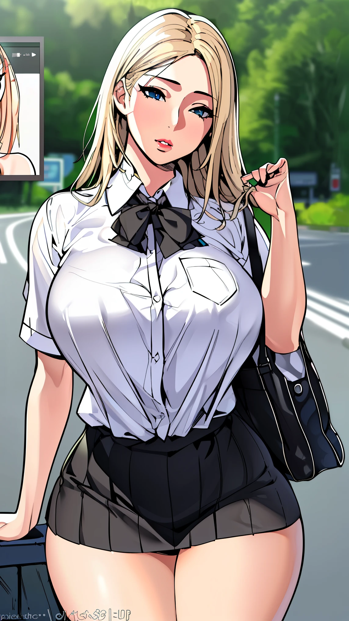 (best quality,4k,8k,highres,masterpiece:1.2),ultra-detailed,(realistic,photorealistic,photo-realistic:1.37),A girl in a bus stop,beautiful detailed eyes,beautiful detailed lips, narrow hips,white shirt, sexy school girl 