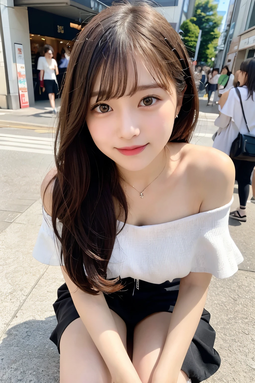 High resolution, highest quality, perfect dynamic composition, detailed and beautiful eyes, off shoulder、shining hair、medium hair, natural color lip, university student、Harajuku、slight smile、Crouching figure、M-shaped spread legs