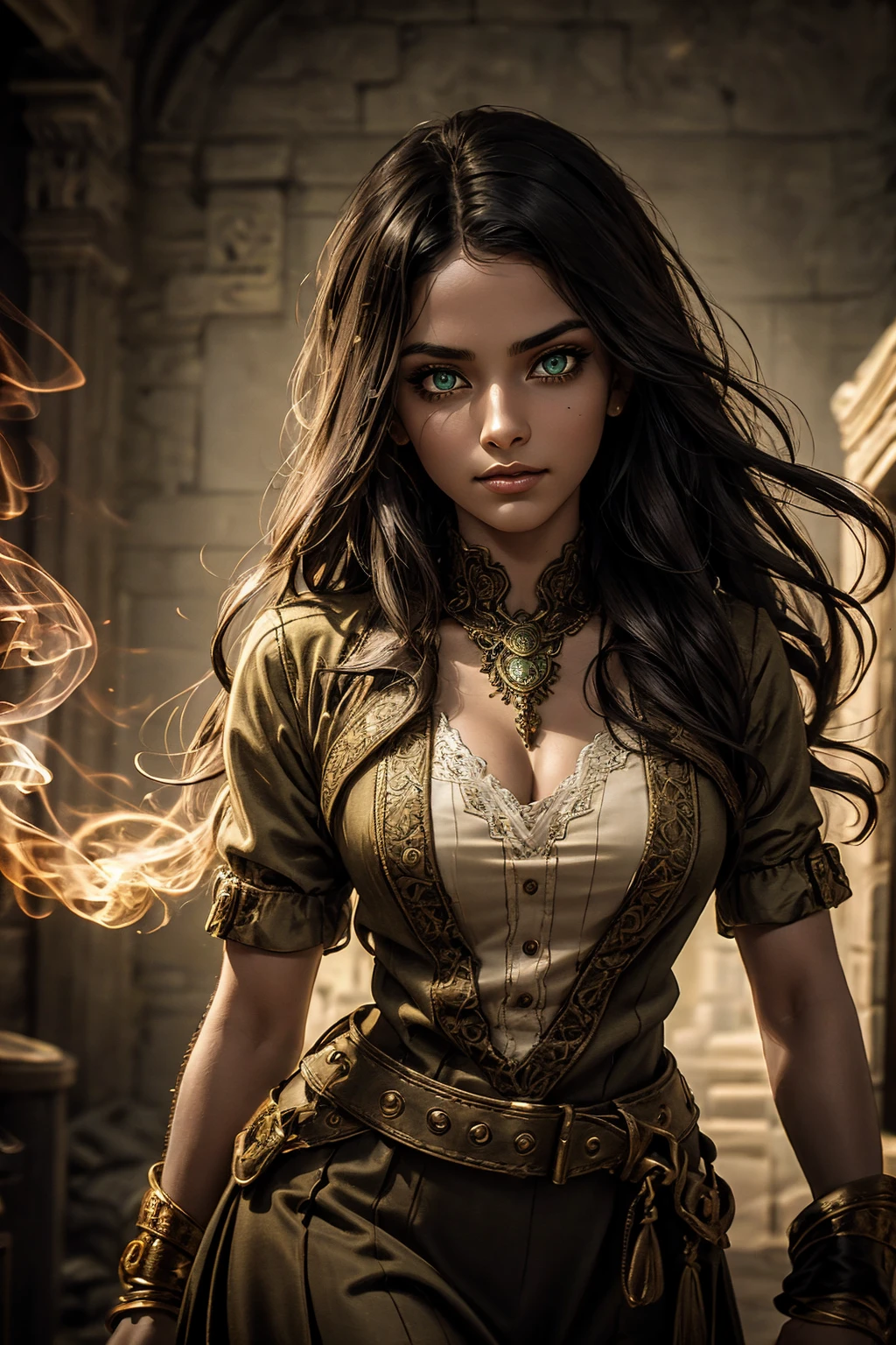 A stunning South-Indian woman, olive-skinned woman, Indian beauty, with bright green eyes, standing in swirling black smoke, with dark brown-black long wavy hair, mesmerizing features with a scary expression, finely detailed eyes, angry mood masterpiece, top quality, best quality, official art, beautiful and aesthetic:1.2), (1girl), extreme detailed,(fractal art:1.3), colorful, highest detailed, (masterpiece, best quality:1.3) professional digital painting, Unreal Engine 5. Wearing a black-buttoned-up military-trench coat. Scary void dripping from body and face black magic swirling around. Black smoke swirled around her. Purple-tinted background. In a 1920 setting, at a farm, wearing 1930 style clothing, , masterpiece, top quality, best quality, official art, beautiful and aesthetic:1.2), (1girl), extreme detailed,(fractal art:1.3), blue, gray, white, purple, teal, blue-green, highest detailed, (masterpiece, best quality:1.3) 1 green-eyed woman, professional digital painting, Unreal Engine 5. Wearing embroidered linen blouse, Wearing long pleated skirt, Long hair, hopeful expression, finely detailed eyes, smiling, epic scene, epic composition, Cinematic Lighting, Volumetric Lighting, ethereal light, intricate details, extremely detailed volumetric rays. Green Eyes. [Beautiful girl, linen shirt and pants, oil painting, Detailed facial features, Sunlight, bright colors, dramatic lighting, expressive eyes and lips, High Resolution]
