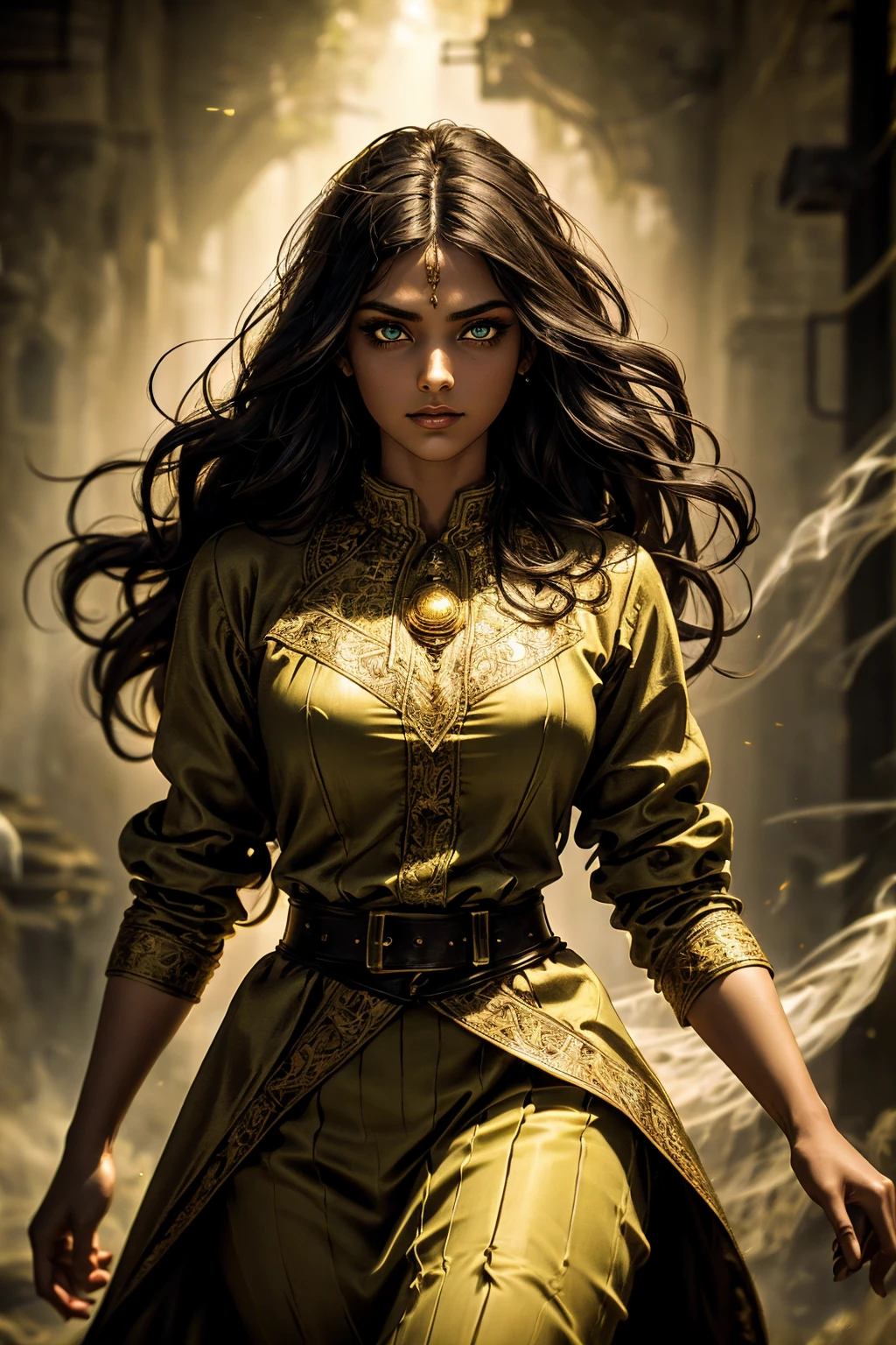 A stunning South-Indian woman, olive-skinned woman, Indian beauty, with bright green eyes, standing in swirling black smoke, with dark brown-black long wavy hair, mesmerizing features with a scary expression, finely detailed eyes, angry mood masterpiece, top quality, best quality, official art, beautiful and aesthetic:1.2), (1girl), extreme detailed,(fractal art:1.3), colorful, highest detailed, (masterpiece, best quality:1.3) professional digital painting, Unreal Engine 5. Wearing a black-buttoned-up military-trench coat. Scary void dripping from body and face black magic swirling around. Black smoke swirled around her. Purple-tinted background. In a 1920 setting, at a farm, wearing 1930 style clothing, , masterpiece, top quality, best quality, official art, beautiful and aesthetic:1.2), (1girl), extreme detailed,(fractal art:1.3), blue, gray, white, purple, teal, blue-green, highest detailed, (masterpiece, best quality:1.3) 1 green-eyed woman, professional digital painting, Unreal Engine 5. Wearing embroidered linen blouse, Wearing long pleated skirt, Long hair, hopeful expression, finely detailed eyes, smiling, epic scene, epic composition, Cinematic Lighting, Volumetric Lighting, ethereal light, intricate details, extremely detailed volumetric rays. Green Eyes. [Beautiful girl, linen shirt and pants, oil painting, Detailed facial features, Sunlight, bright colors, dramatic lighting, expressive eyes and lips, High Resolution]
