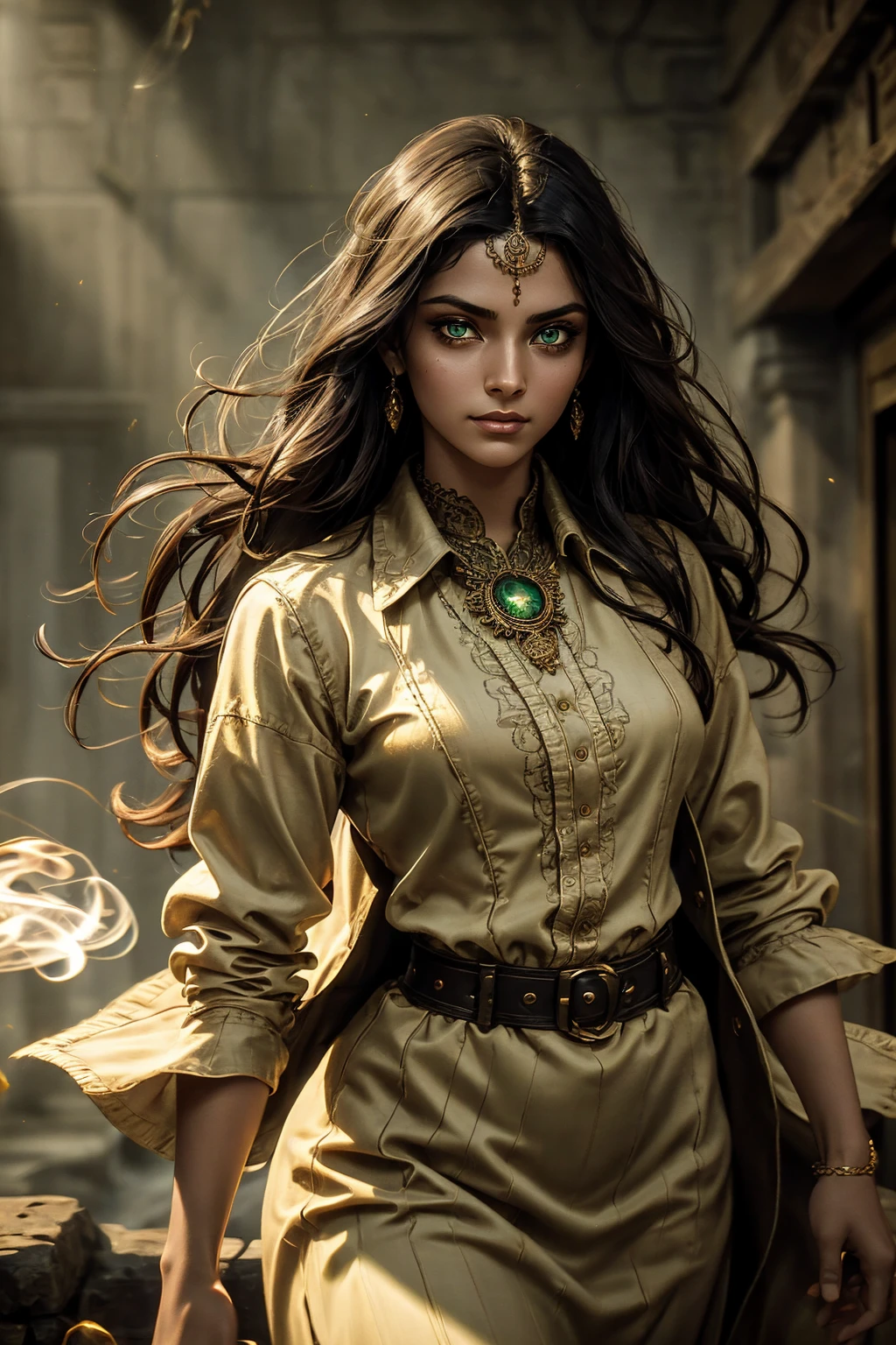 A stunning South-Indian woman, olive-skinned woman, Indian beauty, with bright green eyes, standing in swirling black smoke, with dark brown-black long wavy hair, mesmerizing features with a scary expression, finely detailed eyes, angry mood masterpiece, top quality, best quality, official art, beautiful and aesthetic:1.2), (1girl), extreme detailed,(fractal art:1.3), colorful, highest detailed, (masterpiece, best quality:1.3) professional digital painting, Unreal Engine 5. Wearing a black-buttoned-up military-trench coat. Scary void dripping from body and face black magic swirling around. Black smoke swirled around her. Purple-tinted background. In a 1920 setting, at a farm, wearing 1930 style clothing, , masterpiece, top quality, best quality, official art, beautiful and aesthetic:1.2), (1girl), extreme detailed,(fractal art:1.3), blue, gray, white, purple, teal, blue-green, highest detailed, (masterpiece, best quality:1.3) 1 green-eyed woman, professional digital painting, Unreal Engine 5. Wearing embroidered linen blouse, Wearing long pleated skirt, Long hair, hopeful expression, finely detailed eyes, smiling, epic scene, epic composition, Cinematic Lighting, Volumetric Lighting, ethereal light, intricate details, extremely detailed volumetric rays. Green Eyes. [Beautiful girl, linen shirt and pants, oil painting, Detailed facial features, Sunlight, bright colors, dramatic lighting, expressive eyes and lips, High Resolution]
